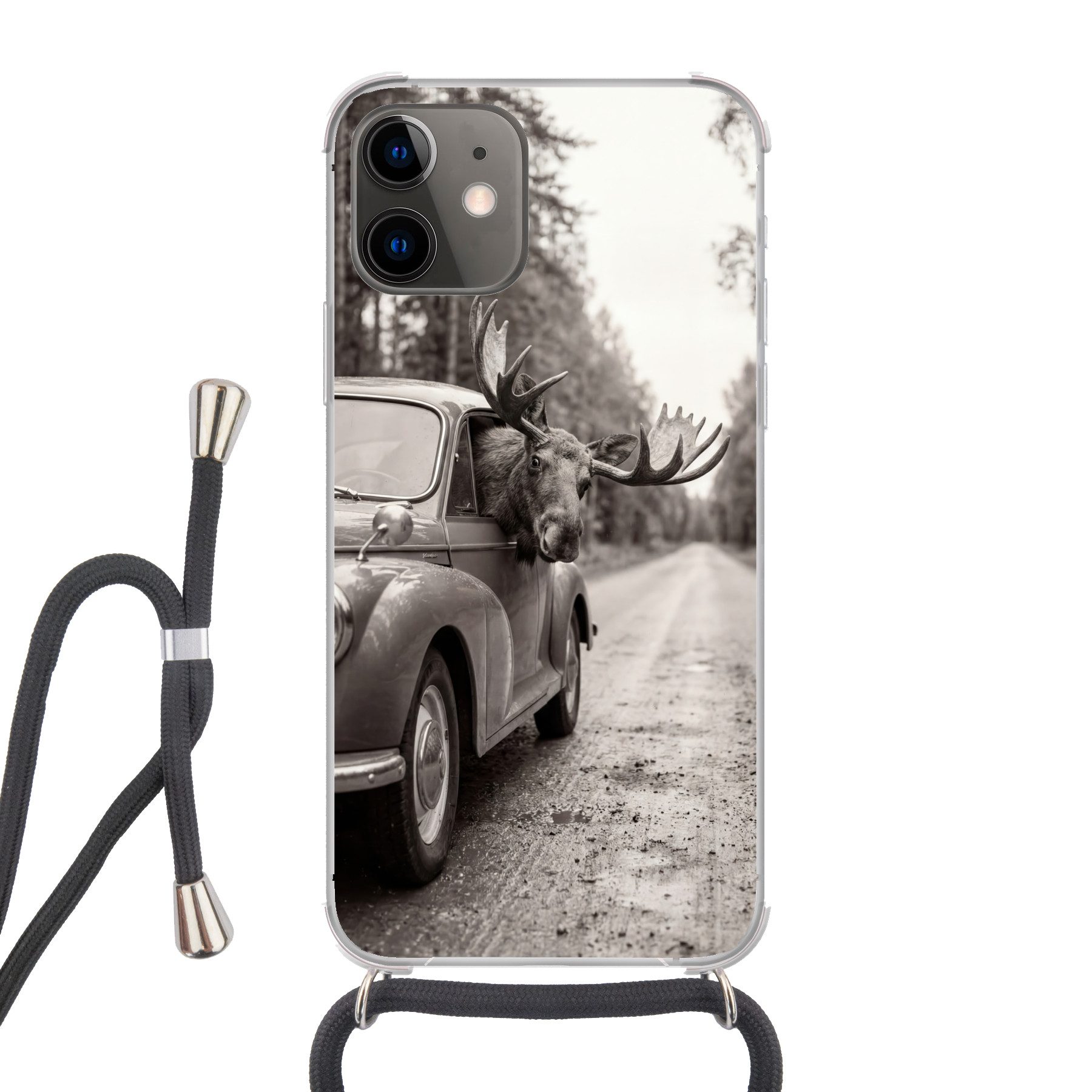 MuchoWow Handyhülle für Apple iPhone 12 Elch - Auto - Geweih - Schwarz - Weiß, Tragbare Handyhüllen mit Kette zum umhängen, Handykette Handyband