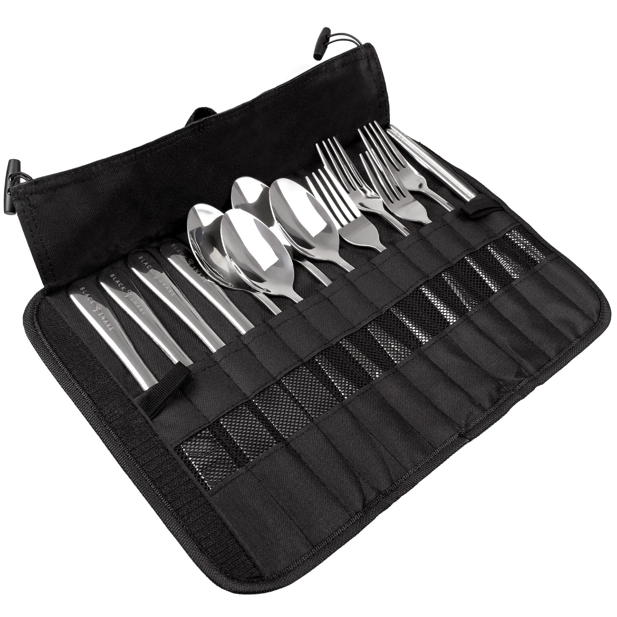 Black Snake Besteck-Set Camping Besteck Set Edelstahl 4 Personen mit Tasche (13-tlg), 4 Personen, Edelstahl, Praktisches Camping Besteck Set für 4 Personen