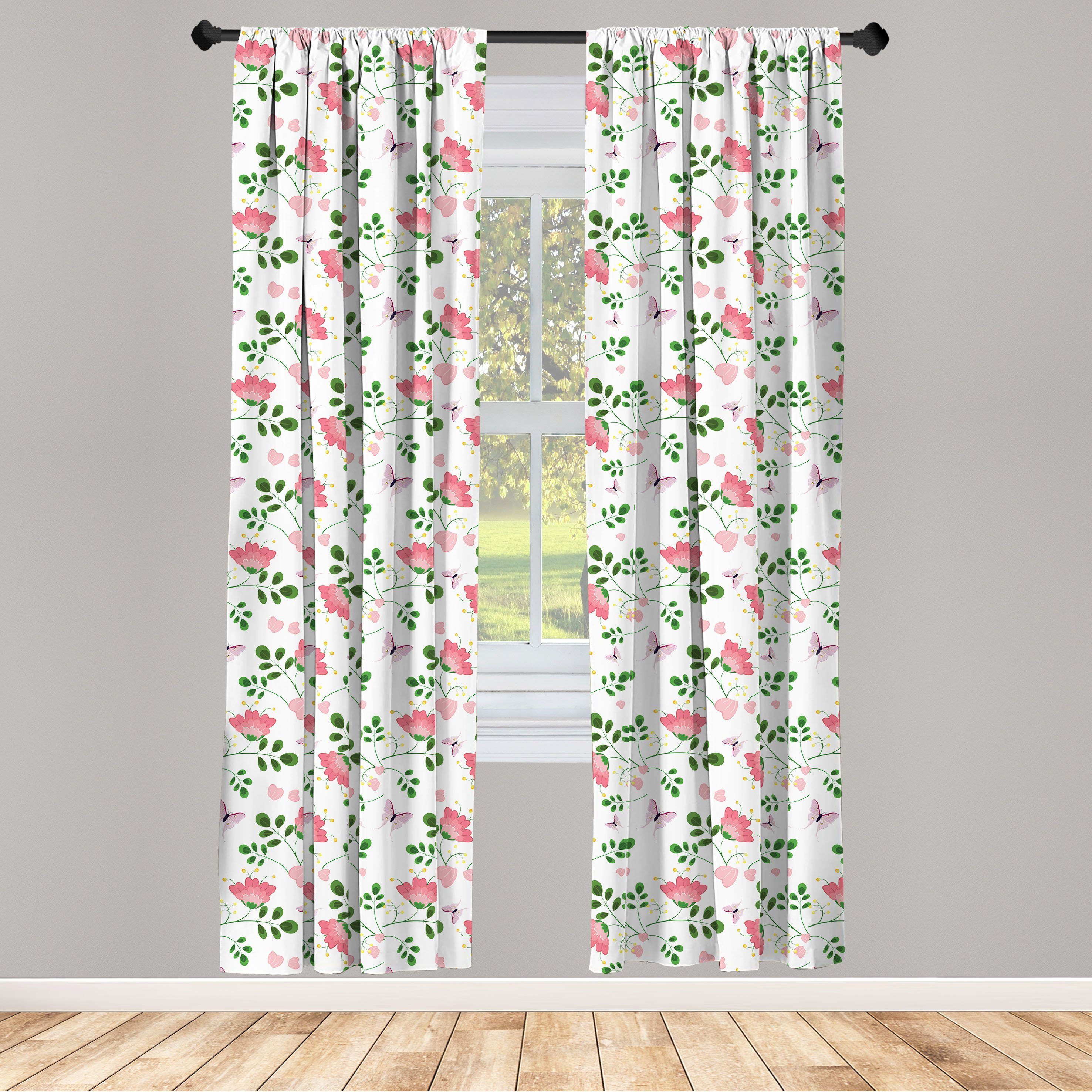 Gardine Vorhang für Wohnzimmer Schlafzimmer Dekor, Abakuhaus, Microfaser, Frühling Blumen Schmetterlinge