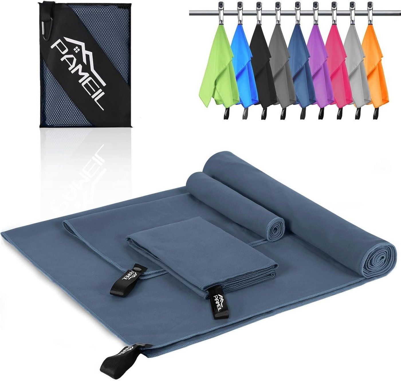 Pameil Reisehandtuch Pameil Reisehandtuch 3er-Set aus Mikrofaser mit praktischer Netztasche, (Set, 3-St), Schnelltrocknend, saugstark und leicht für Sport, Reise und Sauna