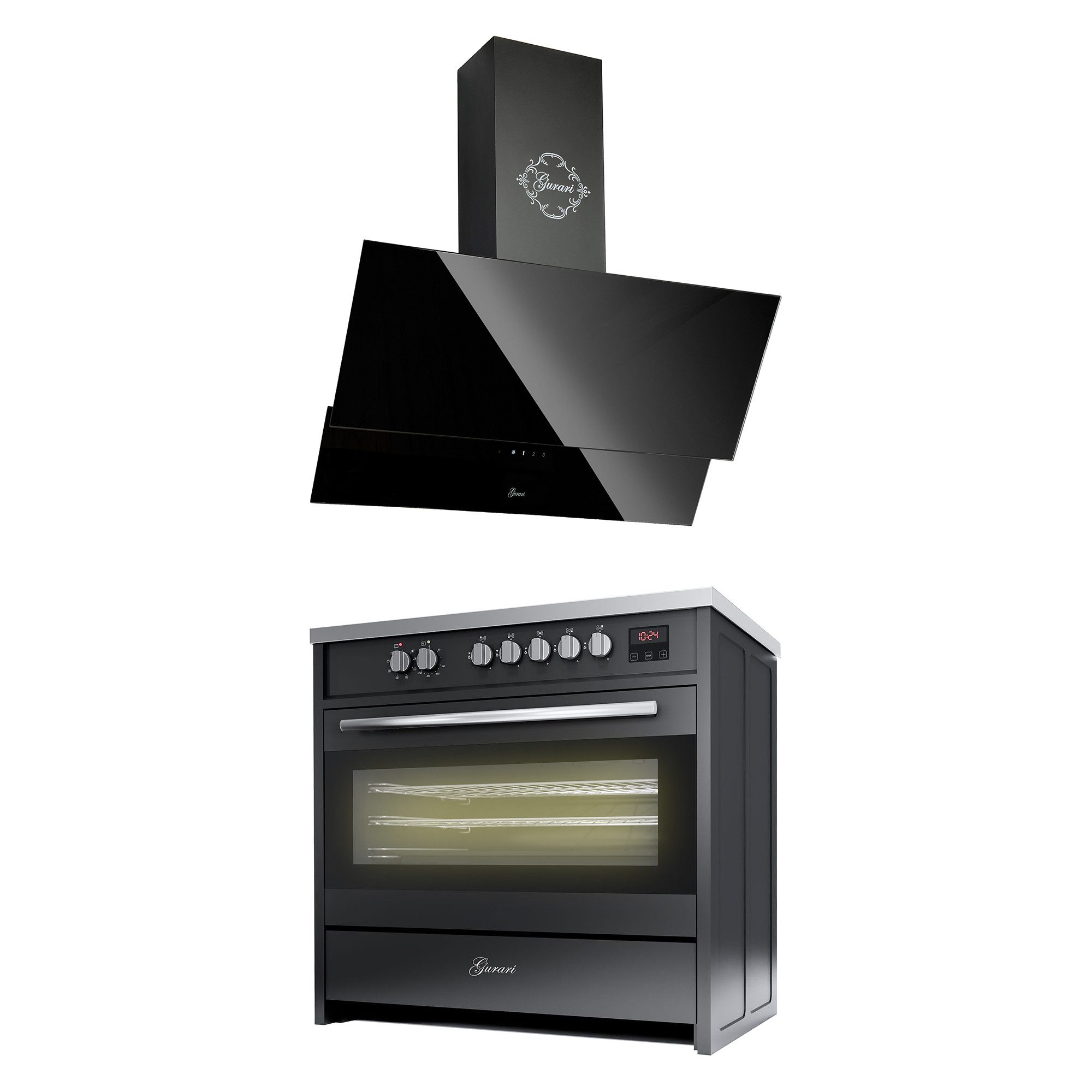 GURARI Induktions-Standherd Range Cooker 90 cm, Schwarz, 5 Kochzonen, 121L+Dunstabzugshaube 90 cm E 913 BL+GCH 268 BL 9 Prime., mit 1-fach-Teleskopauszug