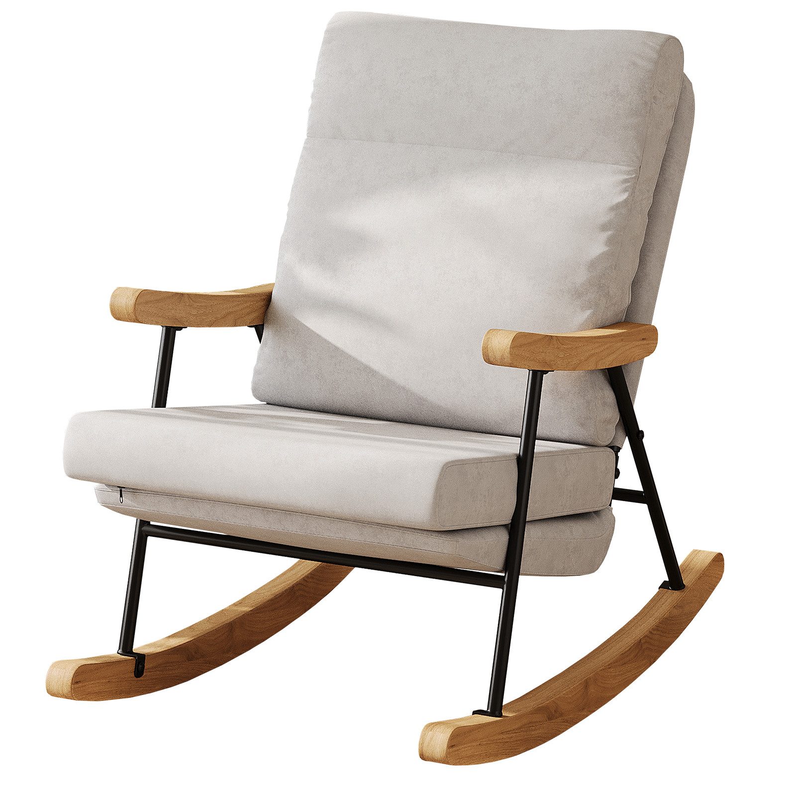 FUROKOY Schaukelstuhl Schaukelsessel Wohnzimmer Samt mit Metallgestell Holzsockel (Set, 1 St), stillsessel,Baumwolle und Leinen,Grau