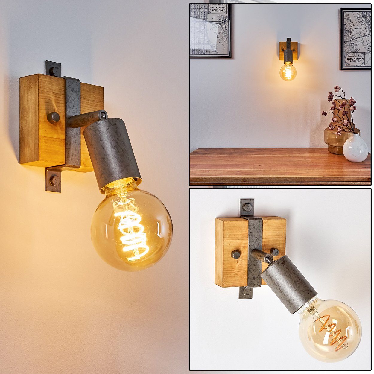 Grau/Natur, aus Metall/Holz verstellbare ohne »Faro« hofstein Wandlampe 1xE27 im Industrial-Design Wandleuchte Wandspot Leuchtmittel, in Fassung,