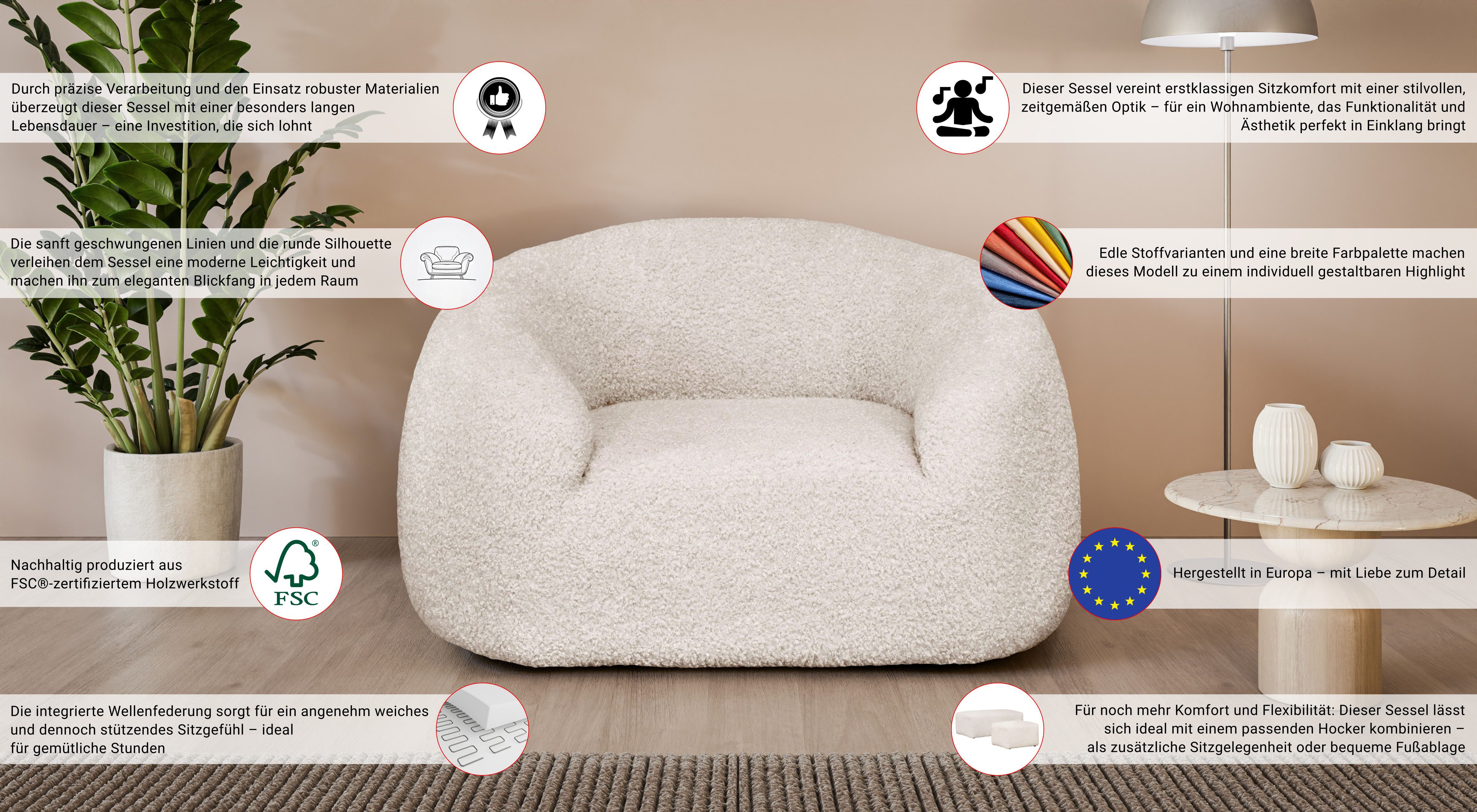 LeGer Home by Lena Gercke Sessel YANI Relaxsessel, Loungesessel, Maße B/T/H: 127/96/76 cm, organische Form, mit Wellenunterfederung, auch in Bouclé