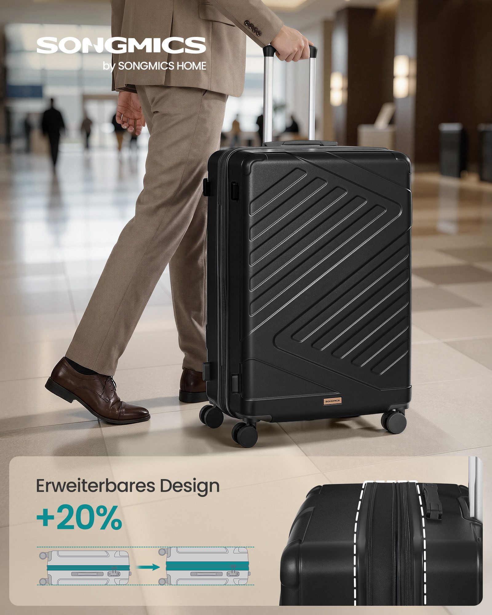 SONGMICS Hartschalen-Trolley Kofferset, 360° Rollen, robuster Reisekoffer, Bordcase, ABS, TSA-Schloss, Zahlenschloss, Koffergurt, erweiterbar, groß