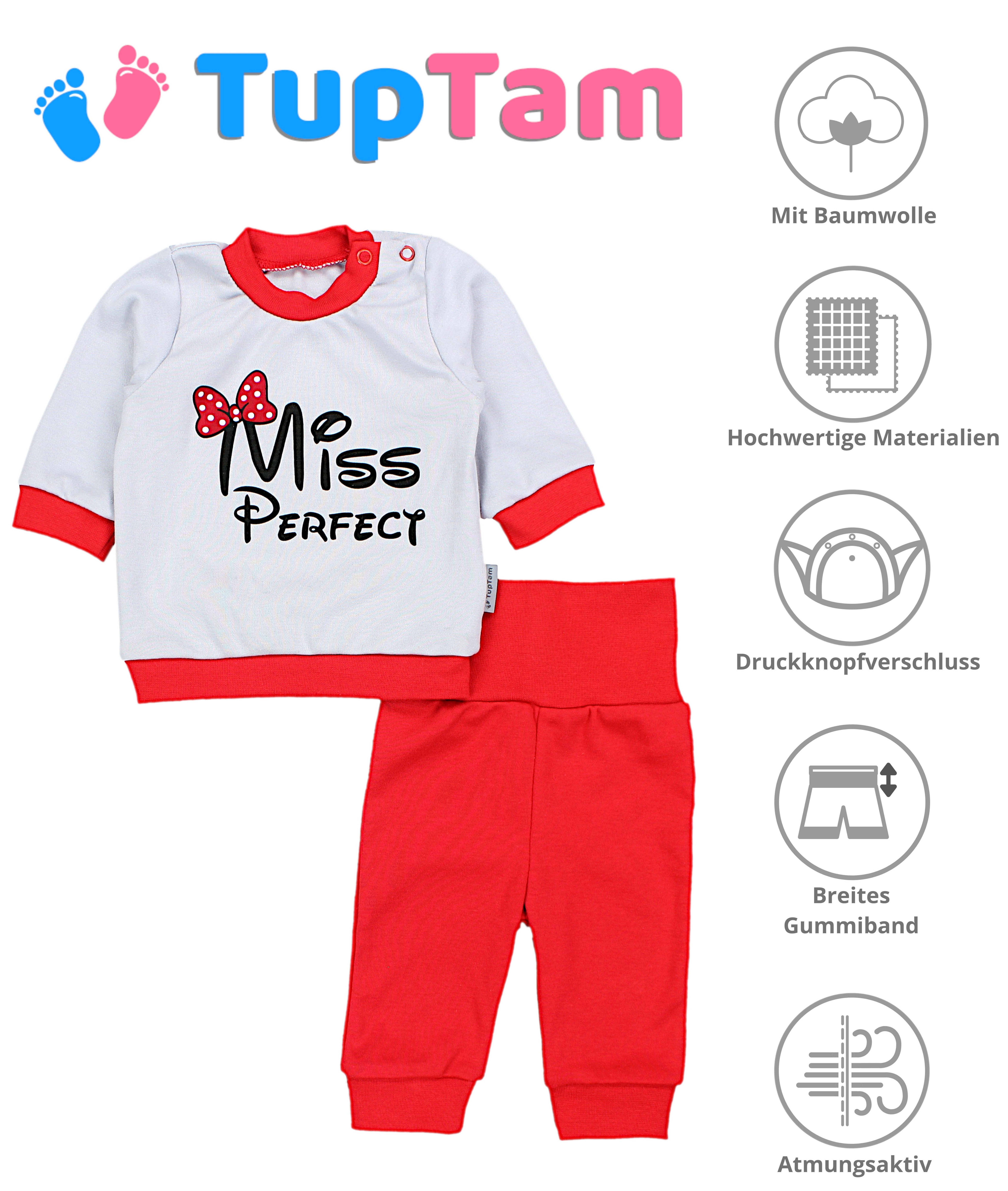 TupTam Erstausstattungspaket Baby Mädchen Langarmshirt 2teilig Babykleidung Babyhose Miss Spruch mit Grau/Rot Perfect