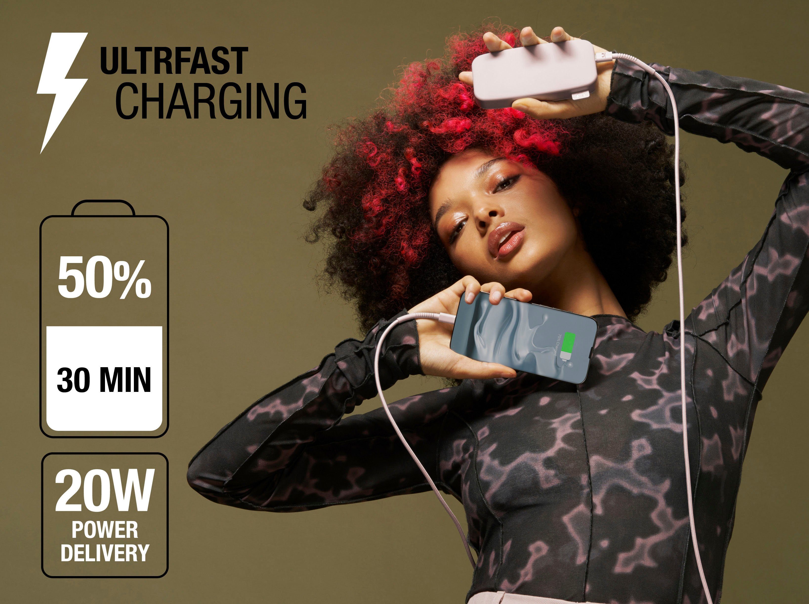 Charge & Rebel Powerbank Fast Power PD rosa Pack mit 12000mAh USB-C, Fresh´n Ultra 20W