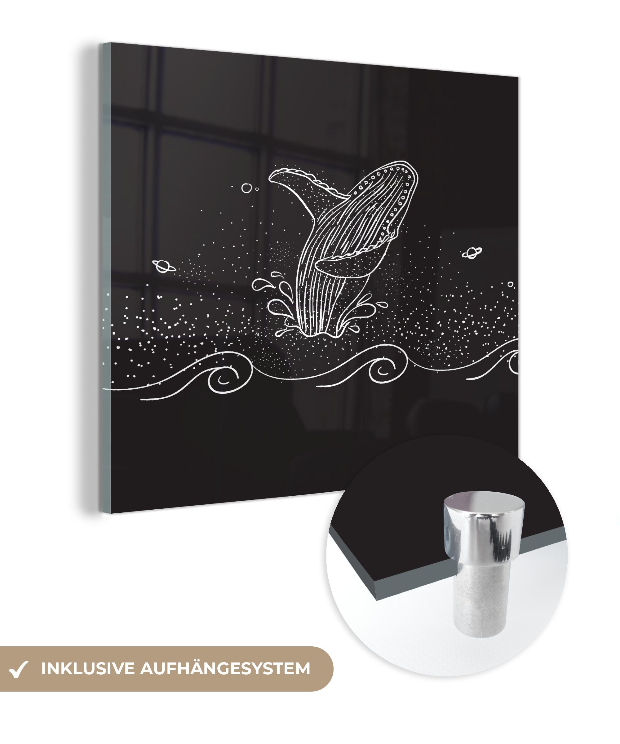 MuchoWow Acrylglasbild Schwarz-weiße Illustration eines Wals, (1 St), Glasbilder - Bilder auf Glas Wandbild - Foto auf Glas - Wanddekoration