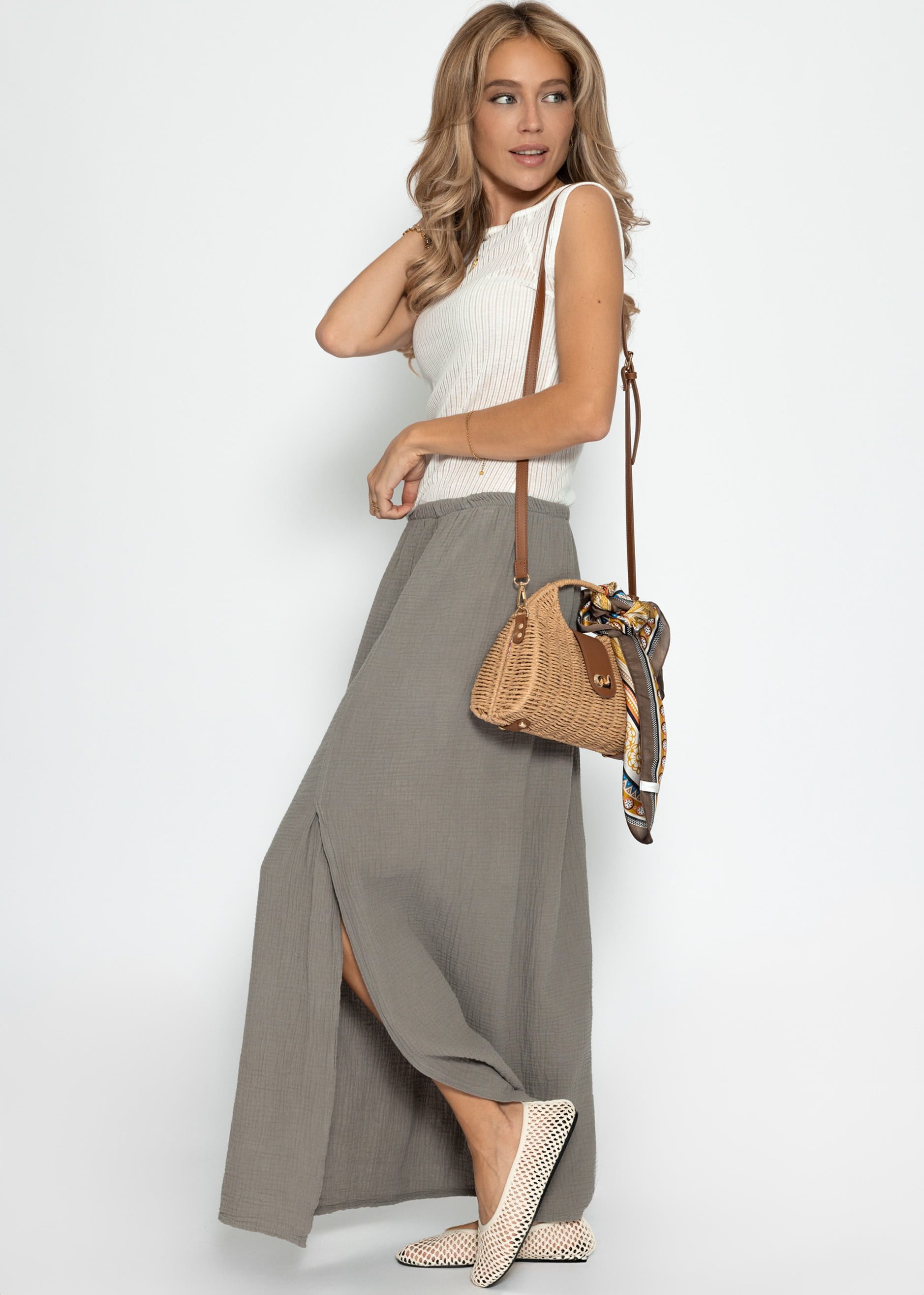SASSYCLASSY Maxirock Maxi Musselin Rock mit Schlitz für Damen Maxirock aus Baumwolle mit elastischem Bund Schwarz Leo Taupe Pink
