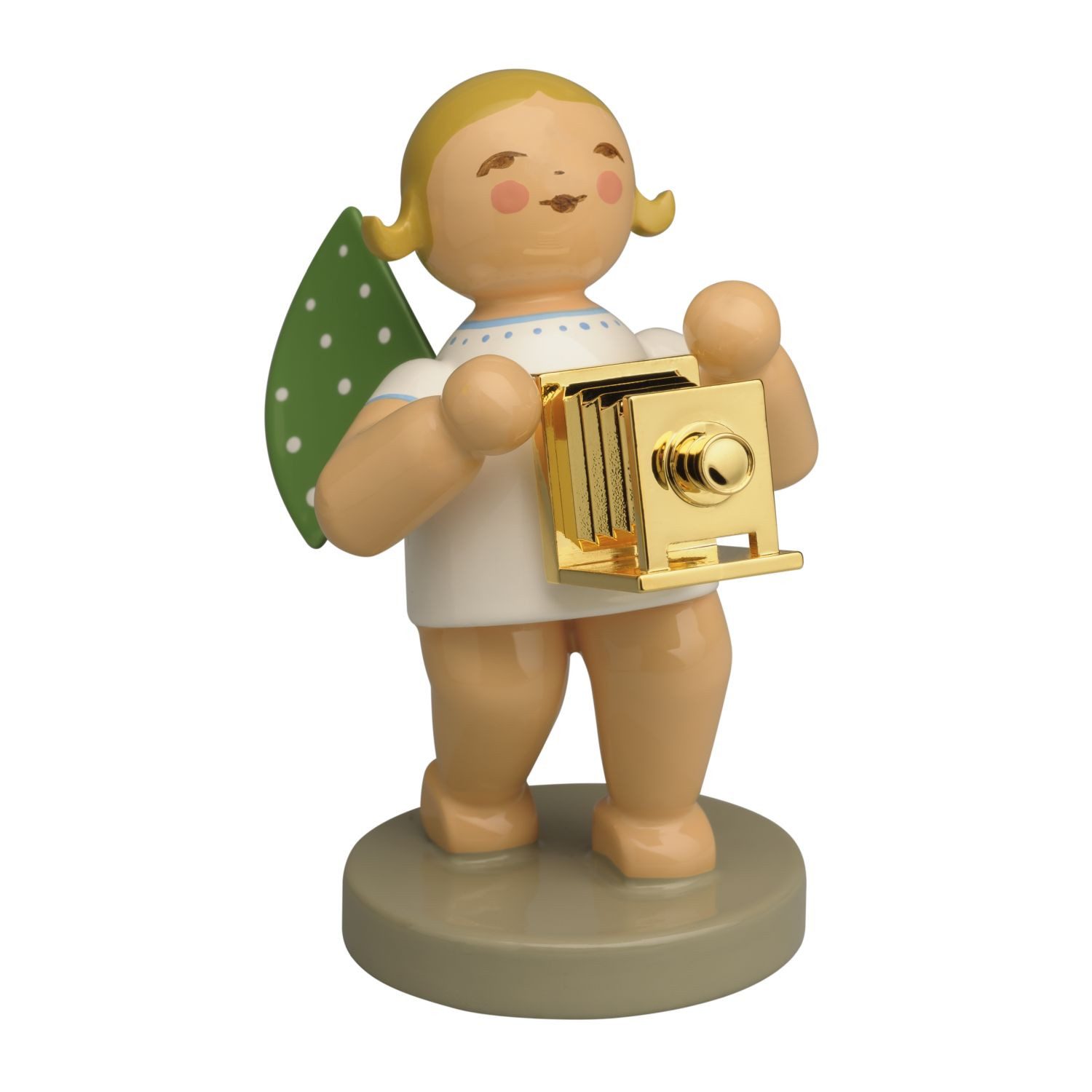 Wendt & Kühn Weihnachtsfigur Goldedition No 19 Chronist Engel mit Kamera Vergoldet 650/302, Haarfarbe zufällig blond oder braunhaarig