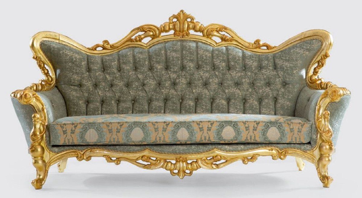 Casa Padrino Sofa Luxus Barock Sofa Grün / Gold 245 x 90 x H. 126 cm - Handgefertigtes Wohnzimmer Sofa mit elegantem Muster - Barock Wohnzimmer Möbel - Edel & Prunkvoll