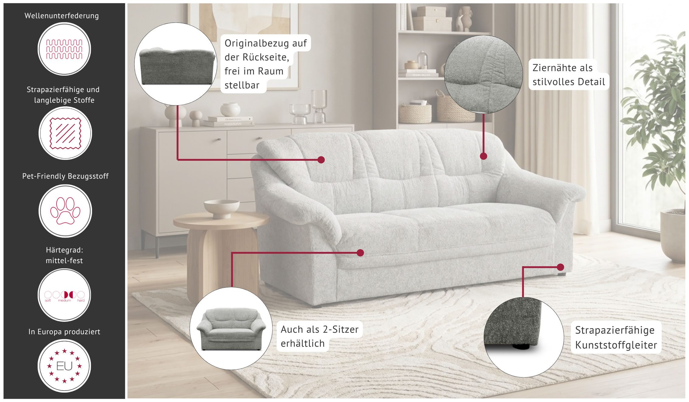 OTTO home 3-Sitzer Nyborrg 184 cm breit, pflegeleicht, formschön, stabil, aus haustierfreundlichem Pet Friendly Bezug – Bild 3 von 5