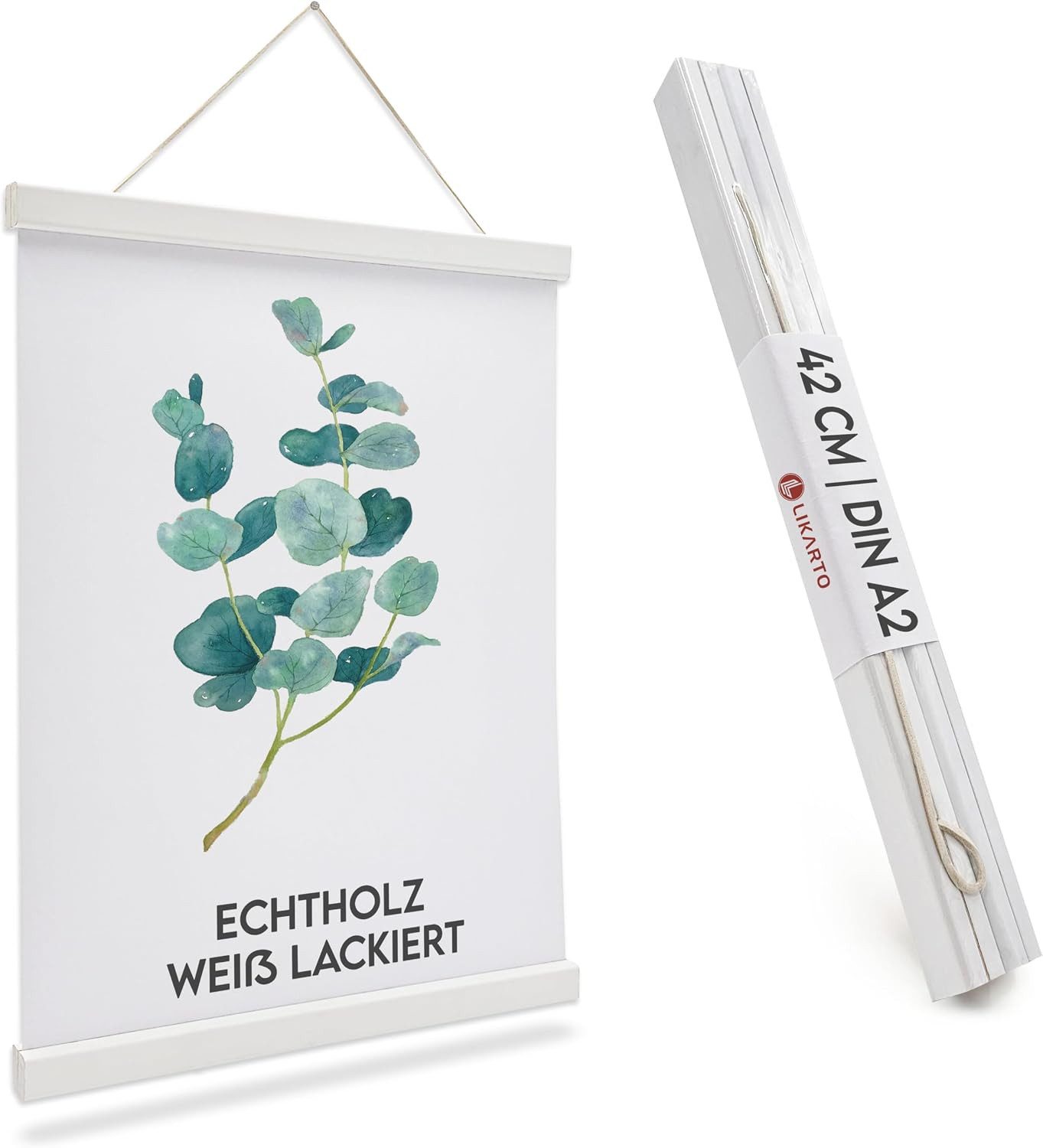 Likarto Bilderrahmen LIKARTO® Posterleiste Holz Weiß A2, 42 cm, magnetisch, mit Lederband