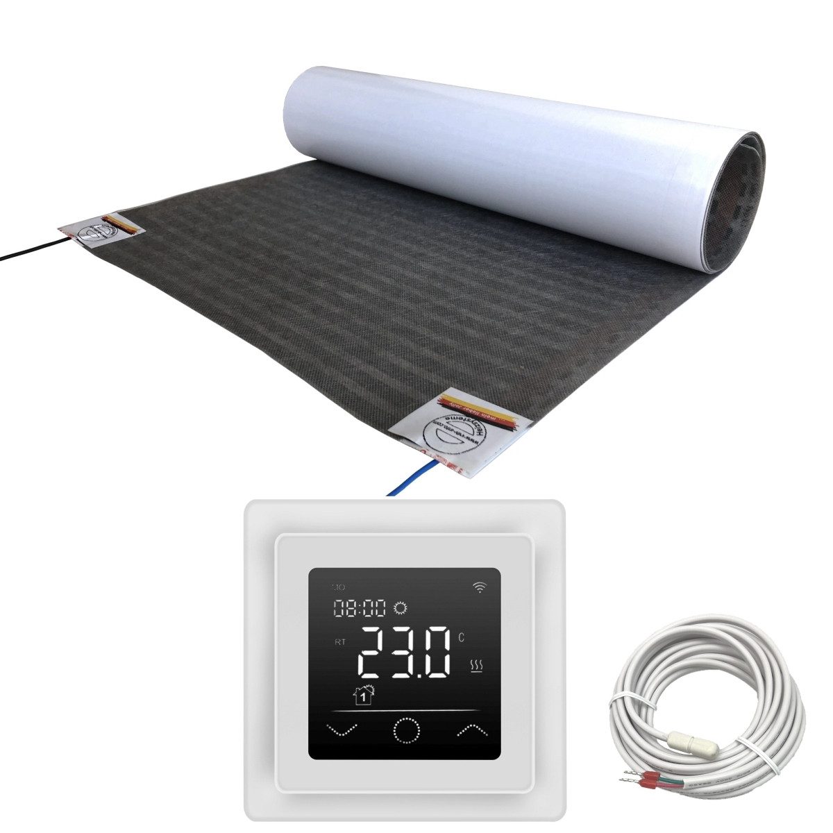 HoWaTech Fußbodenheizung-Matte Fußbodenheizung Elektrisch Set Lux Heizfolie 80 W/m² Touch Thermostat, (Komplett Set), Nur 1 Anschluss durch Twin-Technik