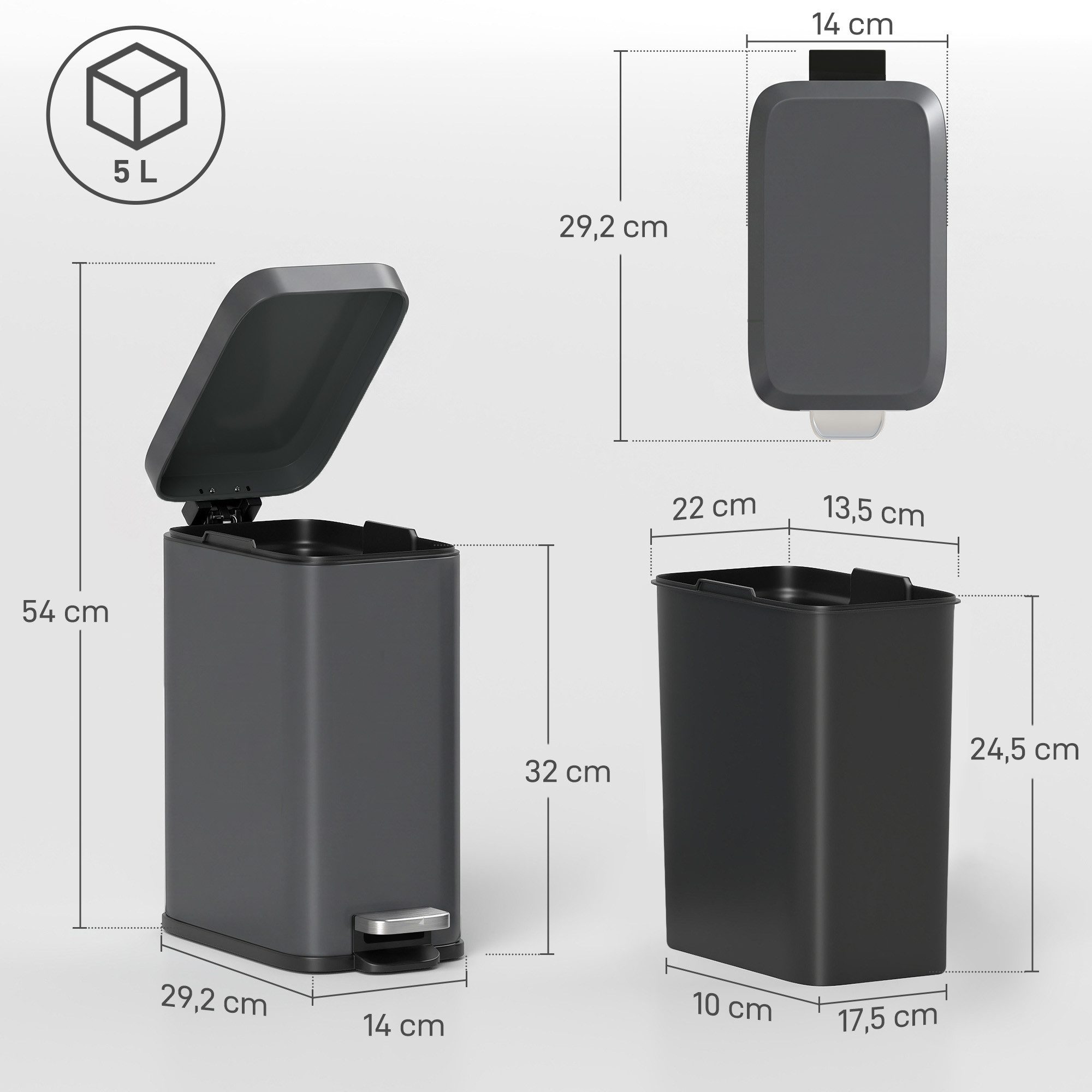 HOMCOM Mülleimer 5L Treteimer mit Softclose-Deckel, Abfalleimer inkl. Inneneimer, Grau 29,2 x 14 x 32 cm