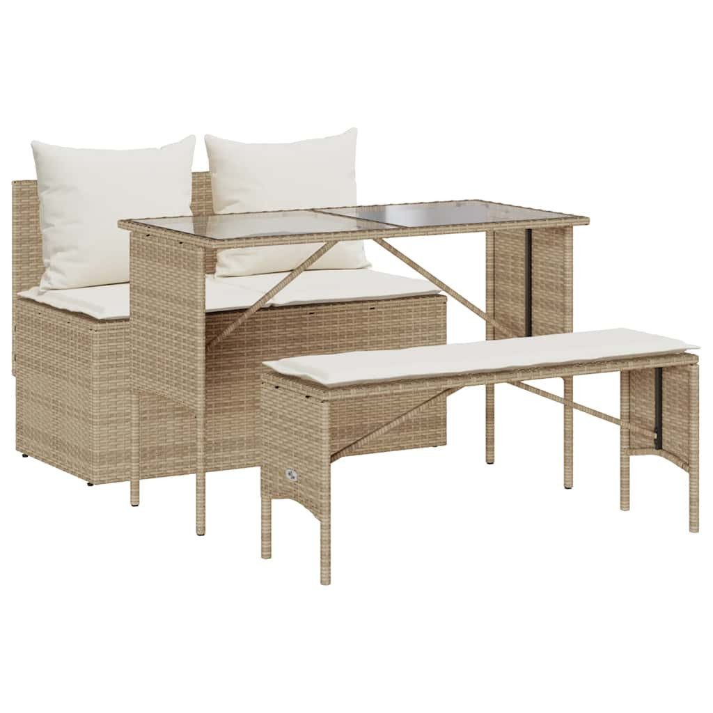 vidaXL Garten-Essgruppe 3-tlg. Garten-Essgruppe mit Kissen Beige Poly Rattan, (4-tlg)