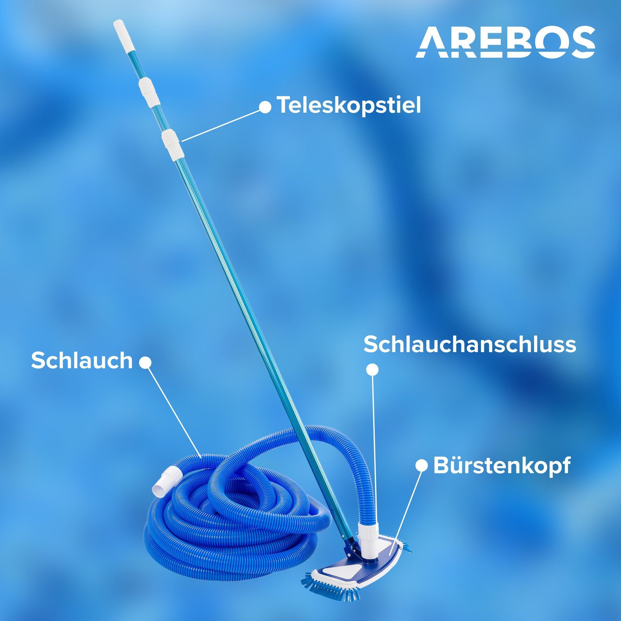 Arebos Poolbürste Poolbürste mit Clip-System und Schlauch - Teleskopstange Ø 32/38 mm, (Set), Schlauch: 11 m