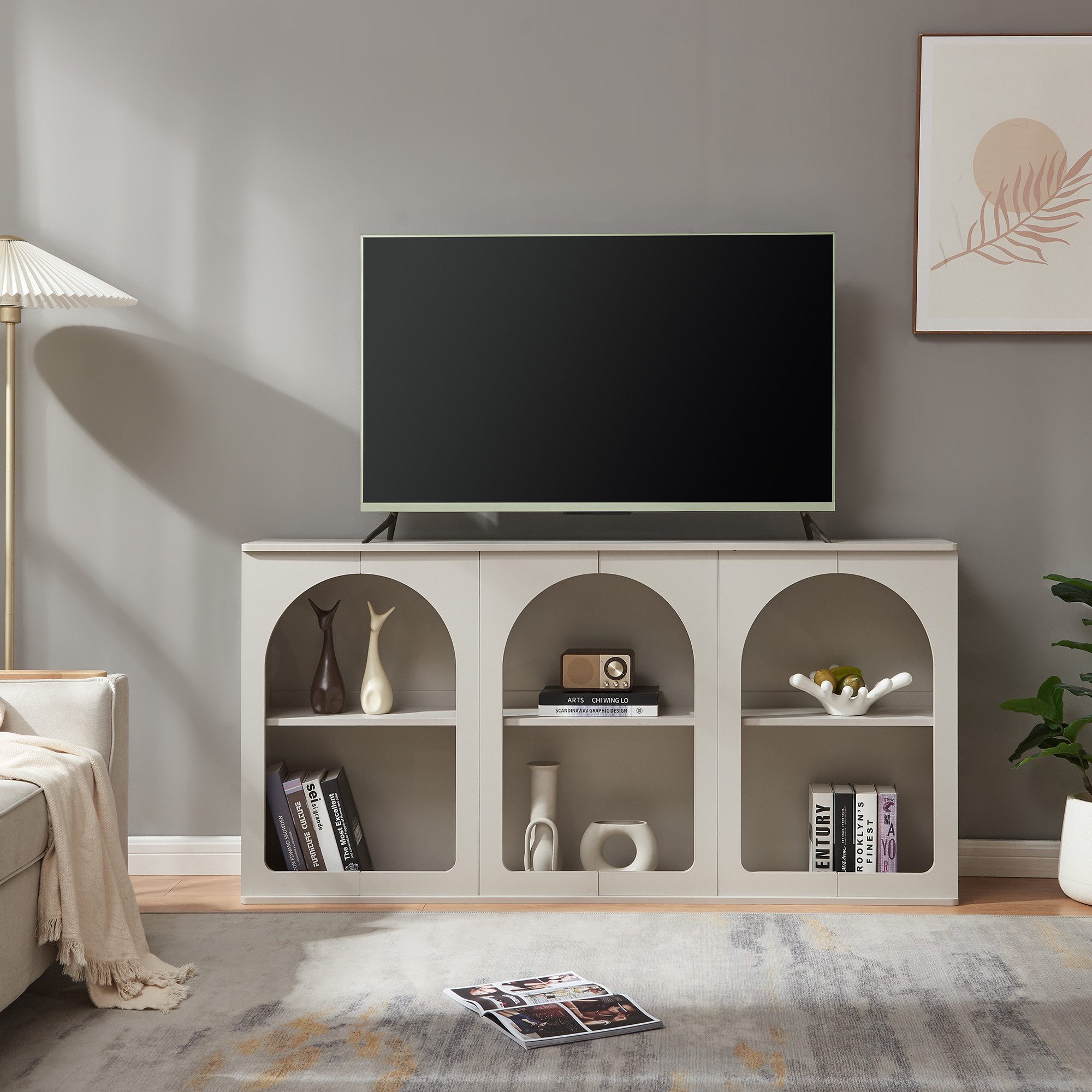 en.casa Sideboard, »Trorhun« mit 6 offenen Fächern 160 x 30 x 80 cm Grau günstig online kaufen