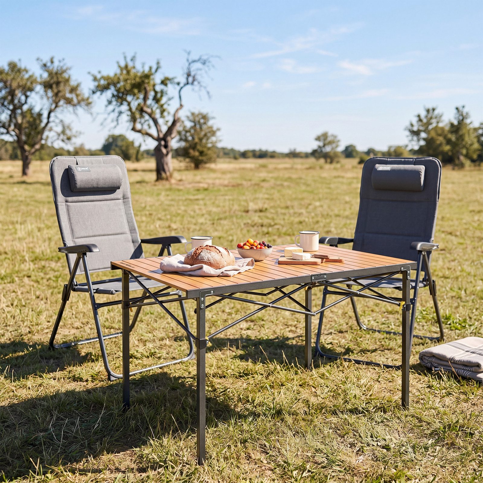 HOMECALL Klappstuhl Klapptisch mit 2X Gartenstuhl Gartenmöbel Bistro Set Faltstuhl (UV++ Olefin-Stoff, 2 St), 5 fach Verstellbarer Rückenlehne, Hochlehner, Gepolsterter, bis 150kg