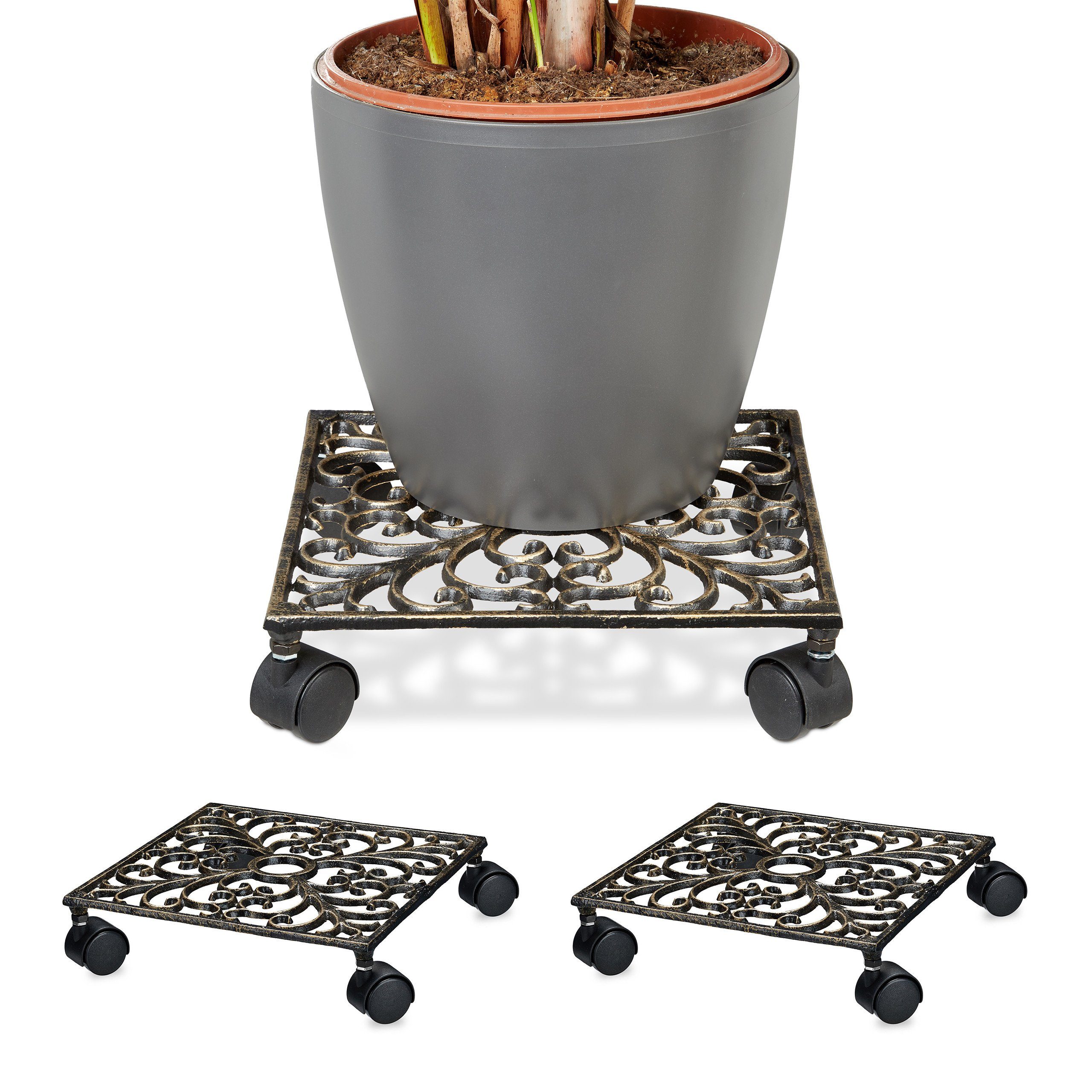 Blumentopfuntersetzer 3 x Pflanzenroller Gusseisen eckig