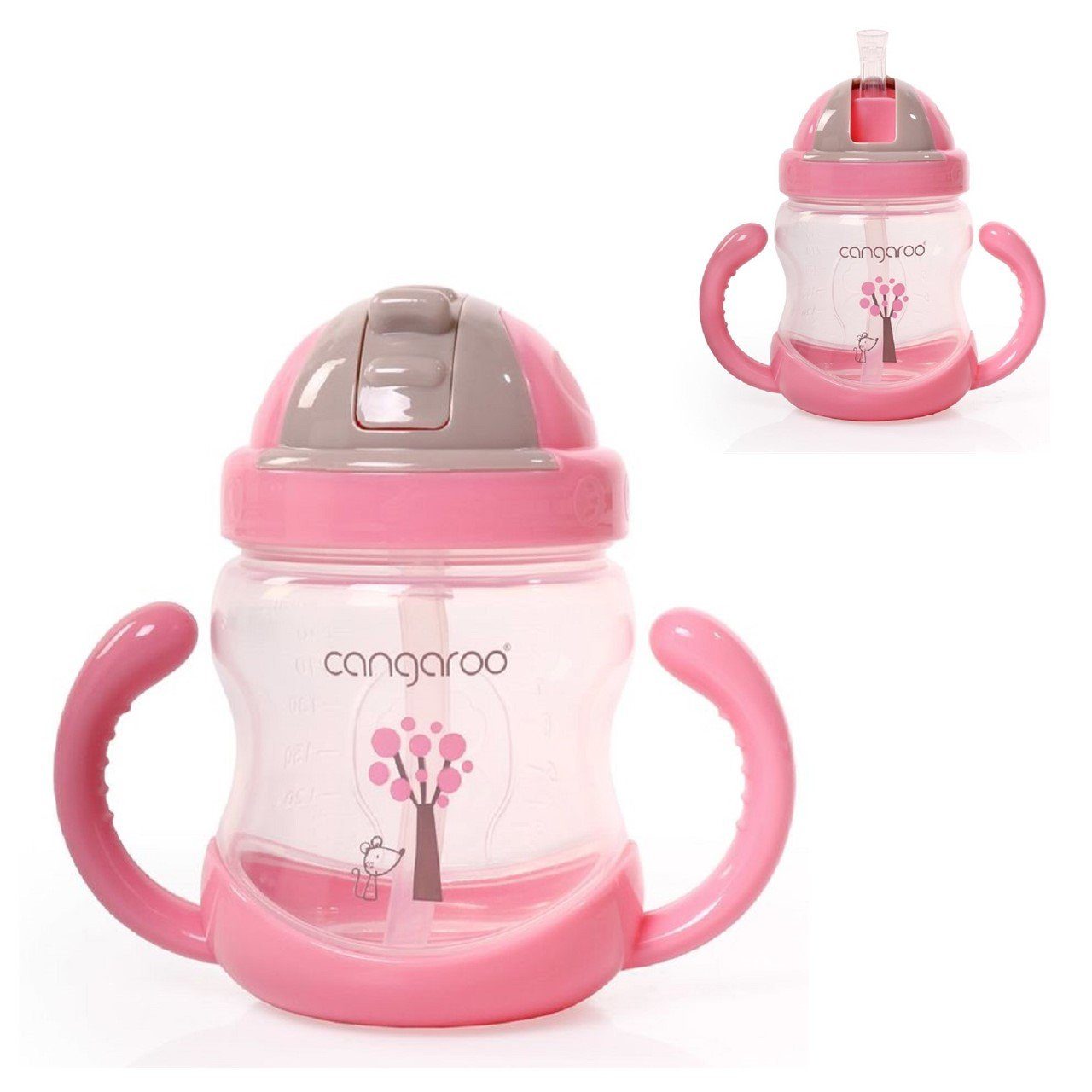 C0582, Trinklernbecher mit Trinkflasche Boo Cangaroo rosa Schutzklappe, Griffe Trinkhalm, 280ml