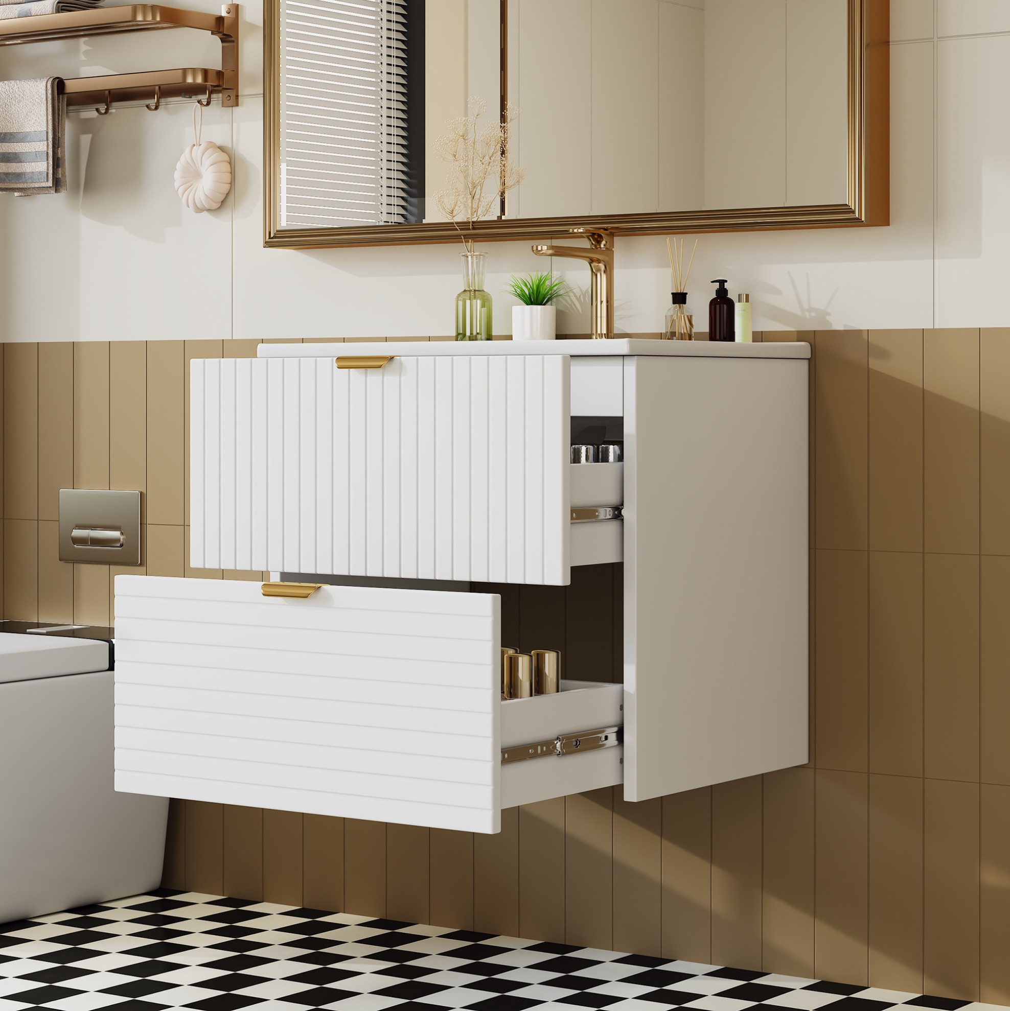 REDOM Waschbeckenunterschrank Badezimmerschrank mit Unterschrank 61 cm (Waschtisch mit lackierter Oberfläche, zwei Softclose-Schubladen, Designfront und integriertem Waschbecken, Badmöbel Badschrank)