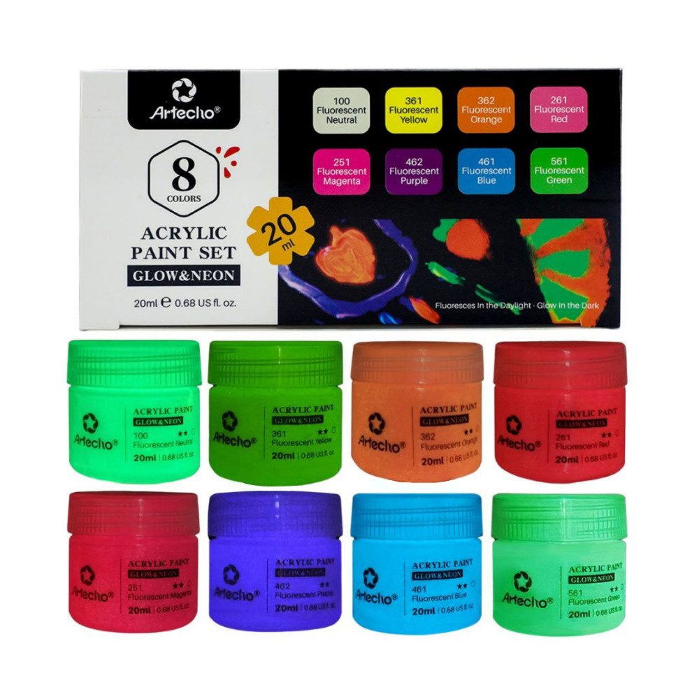 Artecho Acrylfarbe Neon & Glow Farben – 6 x 59 ml / 8 x 20 ml – für Anfänger & Profis, Leuchtende Neonfarben unter Schwarzlicht & dezenter Glow-Effekt