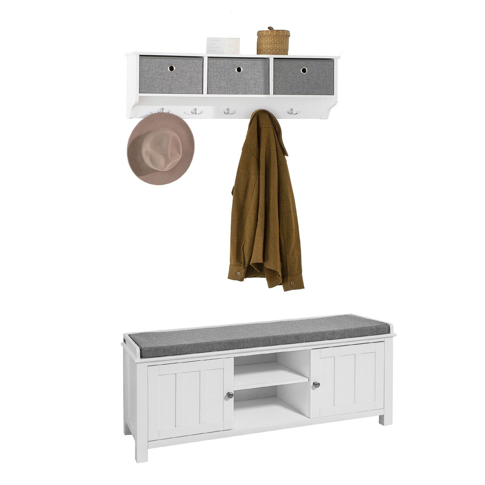 SoBuy Wandgarderobe FSR35-W+FRG282-W, Flurset Flurmöbel Schuhbank mit Sitzfläche Flurgarderobe