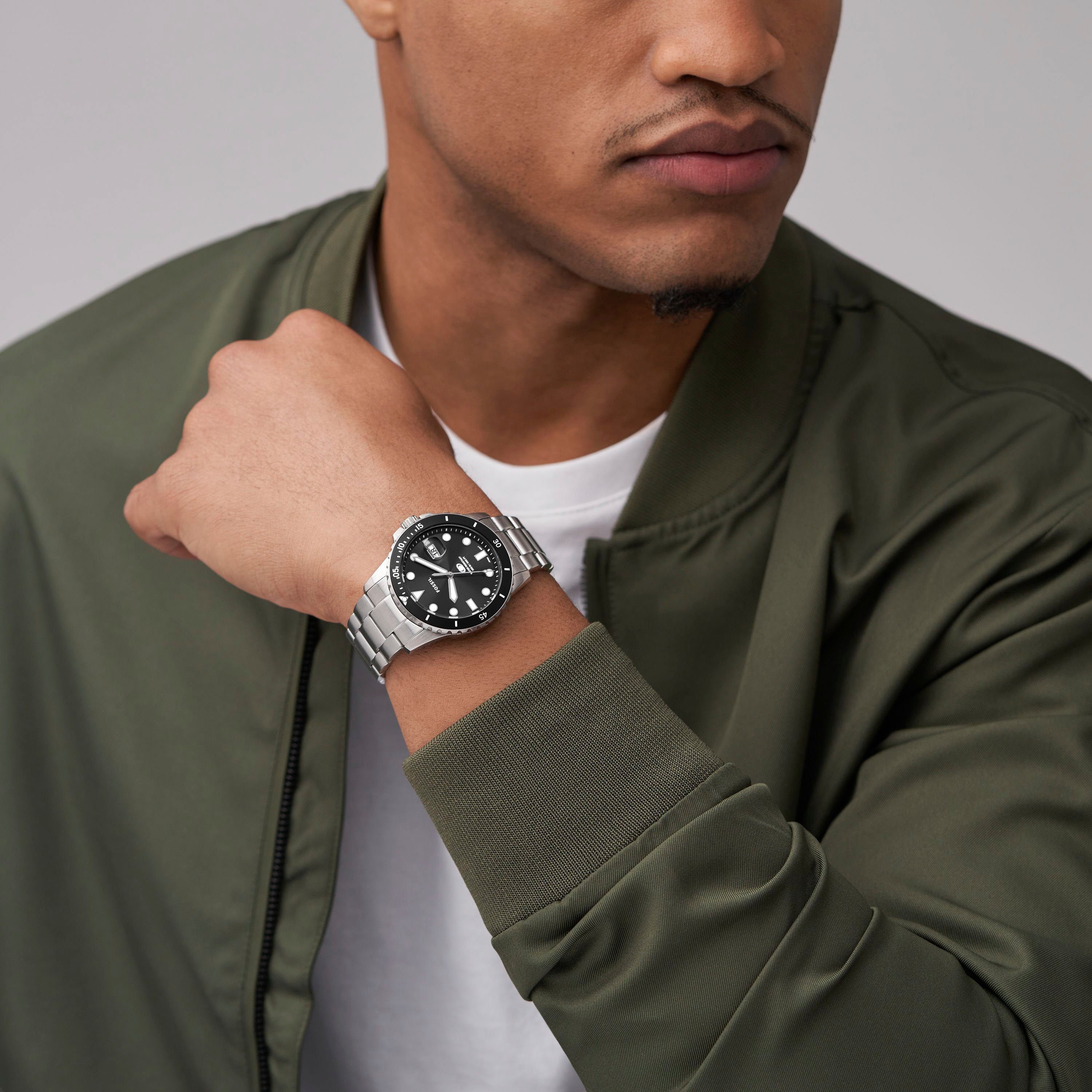 Fossil Quarzuhr FOSSIL BLUE FS6032, Armbanduhr, Herrenuhr, Edelstahlarmband, analog, Tag, 2. Zeitzone