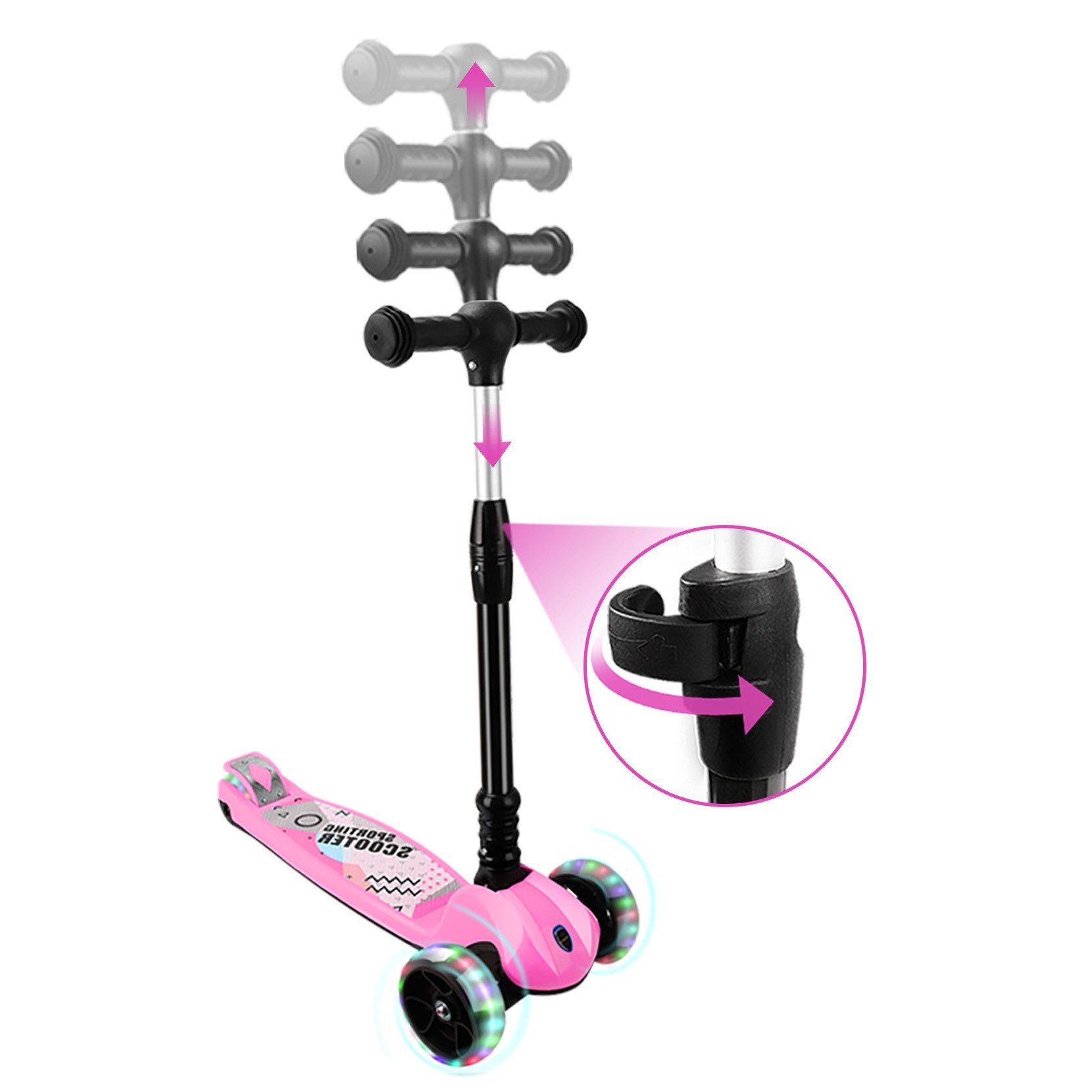 OUNUO Dreiradscooter Höhenverstellbarer Kinderroller mit LED-Rädern für Kinder ab 3 Jahren – Bild 4 von 5
