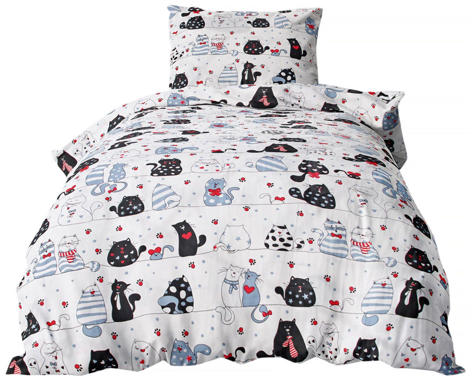 Heubergshop Kinderbettwäsche, Renforcé, 2 teilig, 135x200cm + 80x80cm - Katzen 100% Baumwolle Kinder (KY-Katzen-Weiß)