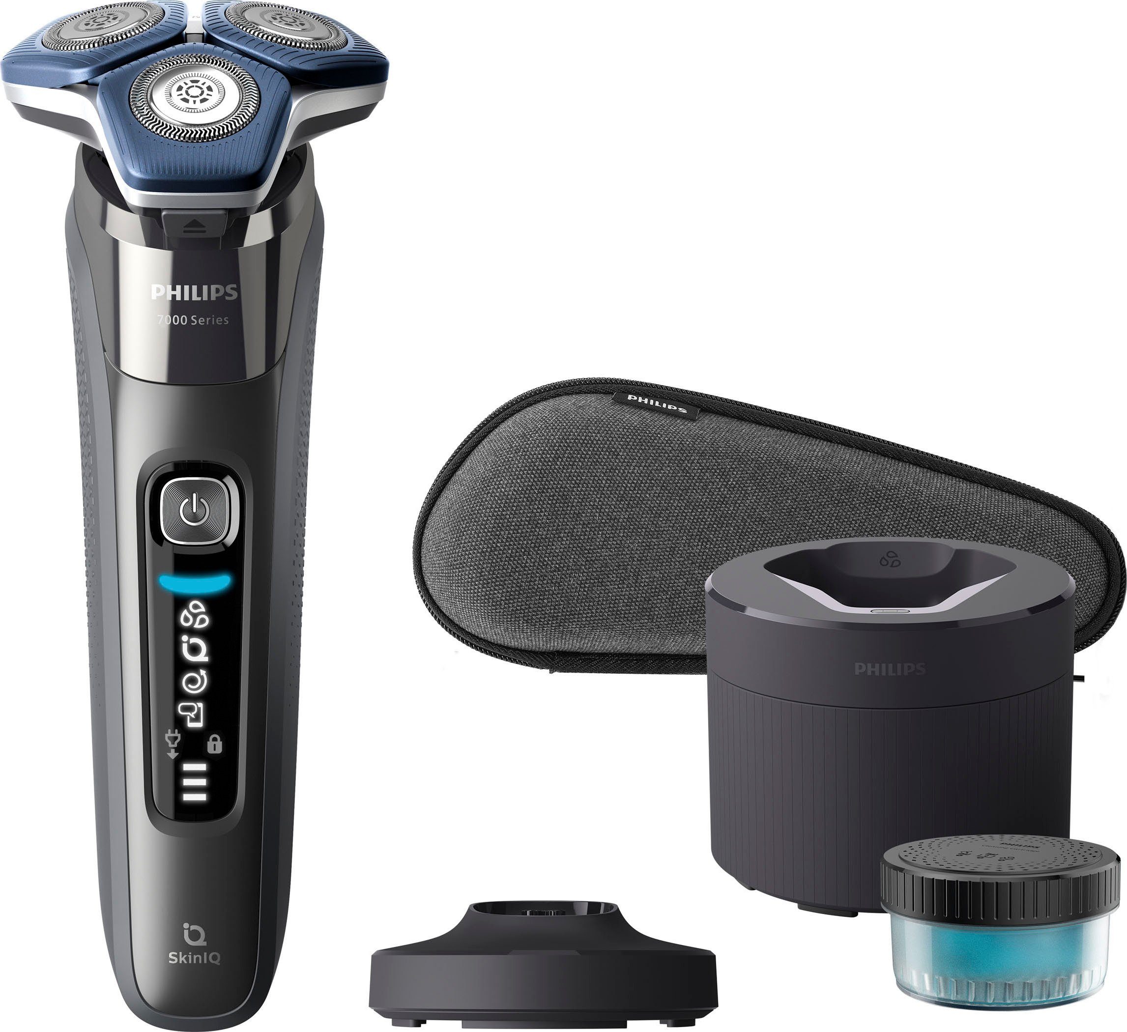 Philips Elektrorasierer Shaver Series Etui, 7000 1 Präzisionstrimmer, mit SkinIQ Reinigungskartusche, Technologie Reinigungsstation, S7887/55, ausklappbarer Ladestand