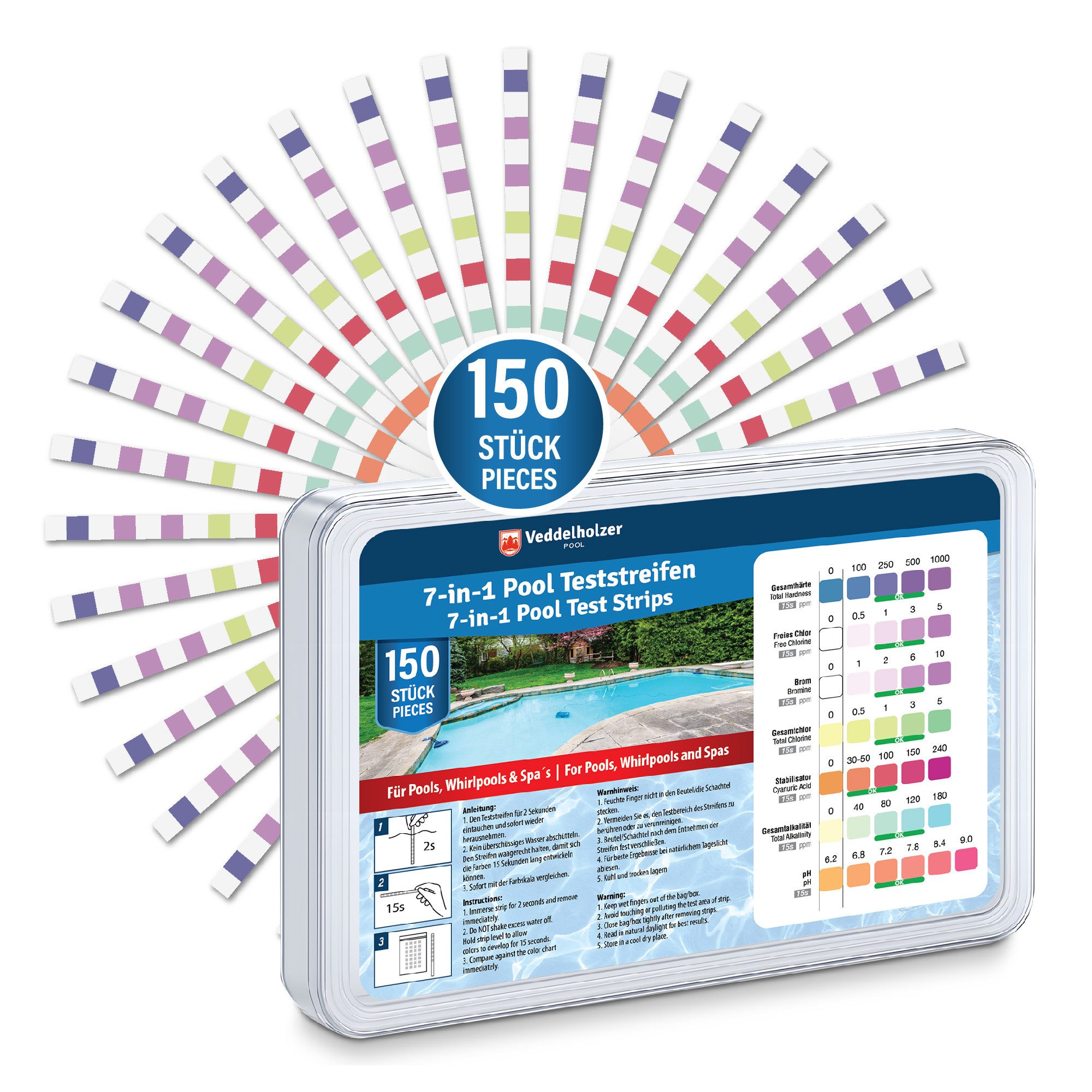Veddelholzer Pool-Wassertest 7-in-1 Pool Teststreifen Schnelle Wasseranalyse Pool Whirlpool Spa, Cyanursäure und Alkalinität messen, 150-tlg., pH-Wert, Freies Chlor Brom, Gesamthärte, 150 Teststreifen