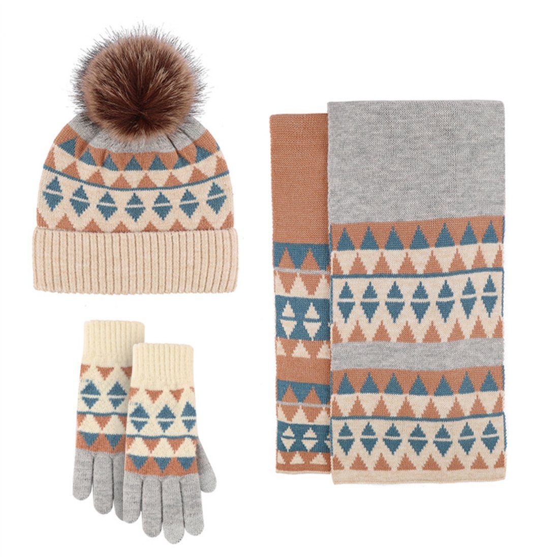 DÖRÖY Strickmütze Winter Warme Handschuhe Mütze blau 3 + Warmes Schal + Set Kälteschutz St