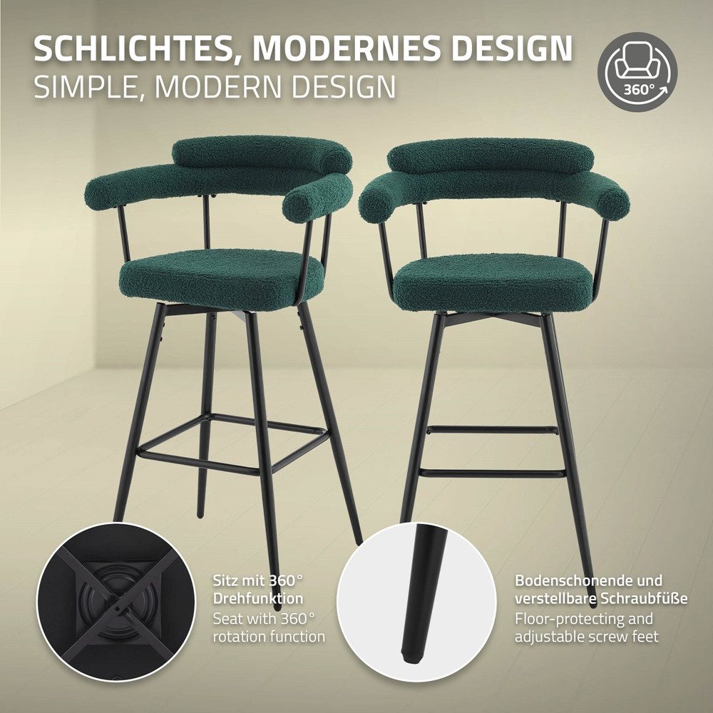 ML-DESIGN Barhocker Gepolsterter Barstuhl mit Rückenlehne und Fußstütze, 360° drehbar (2 St), 2er Set Bistrohocker aus Teddy-Stoff, Drehstuhl Hocker Tresenhocker