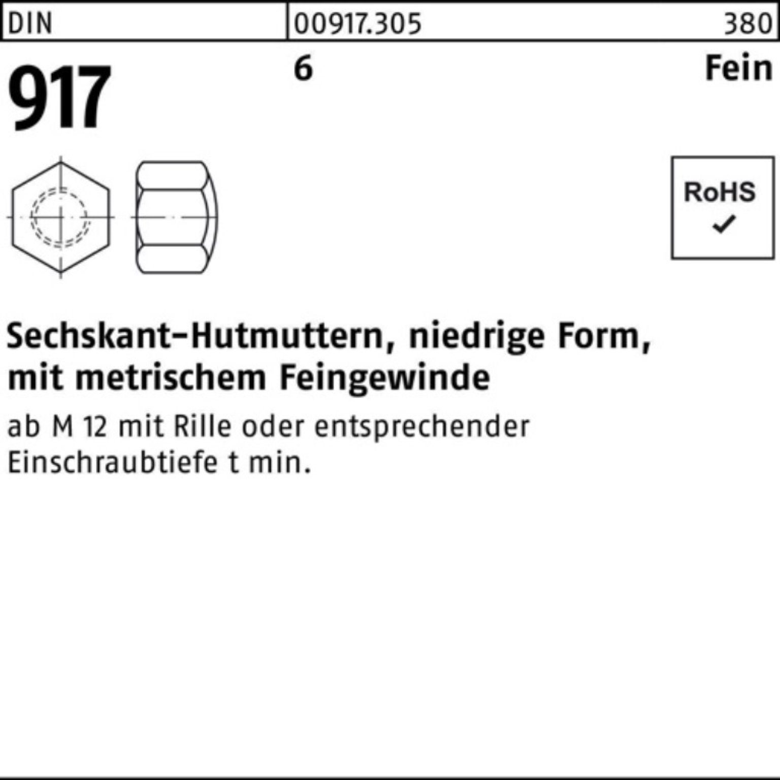 Reyher Hutmutter 100er Pack Sechskanthutmutter DIN 917 niedrige FormM10x 1 SW 17 6 100