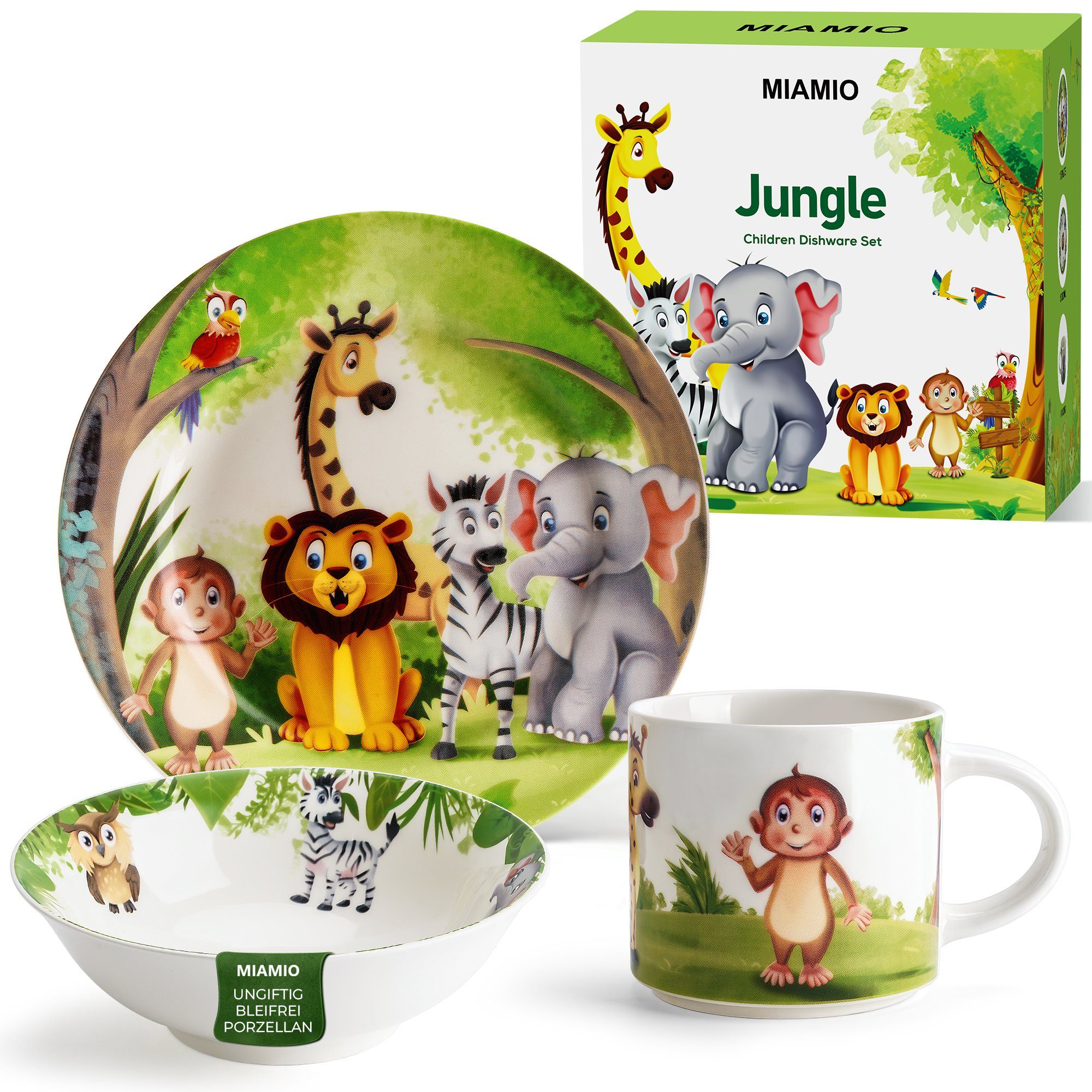 MiaMio Kindergeschirr-Set Jungle Motiv Grün (3-tlg), 1 Personen, Keramik, Teller, Schüssel und Tasse mit Kindermotiv