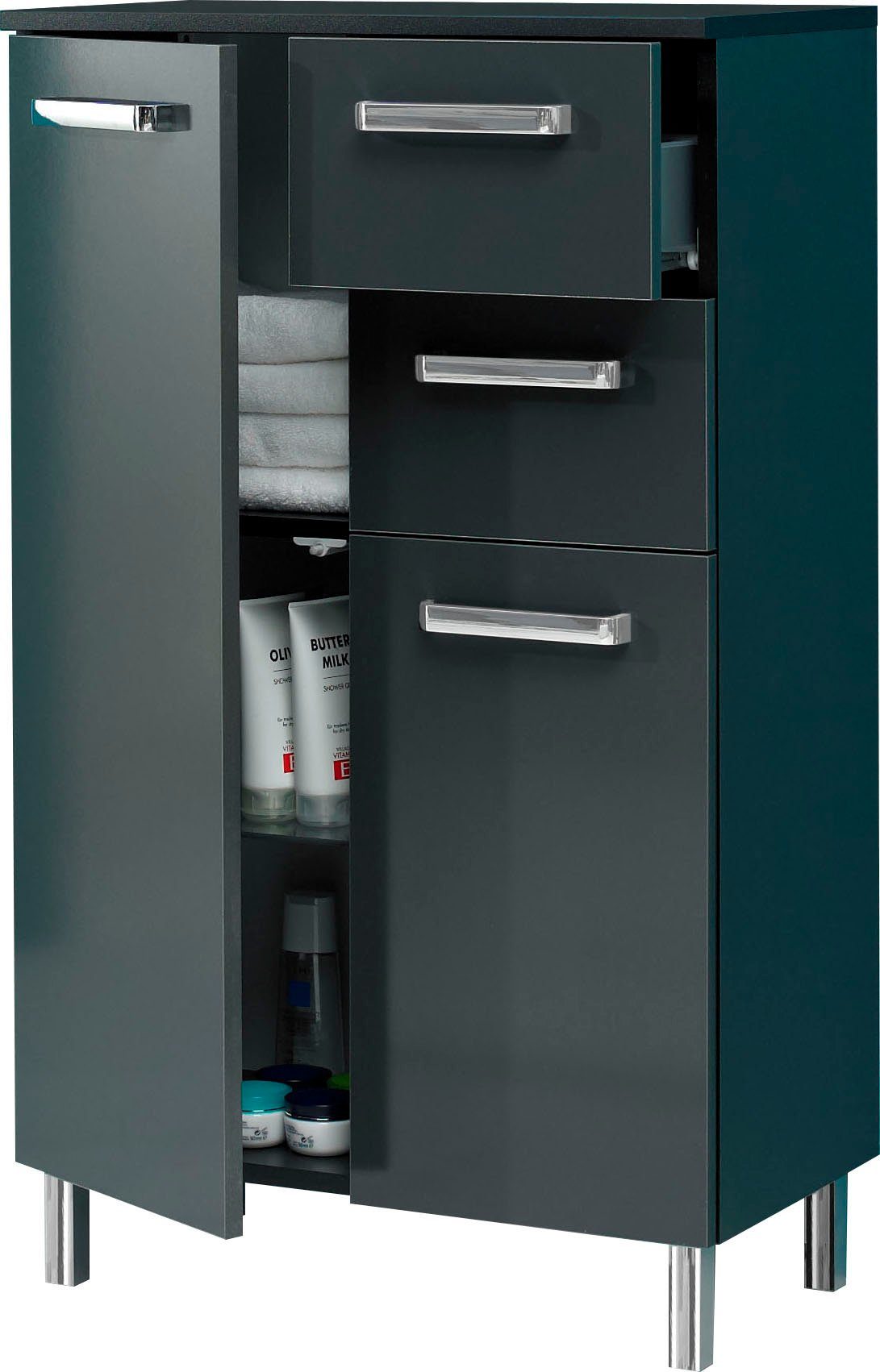 Saphir Unterschrank Quickset Badschrank mit 2 Türen, 2 Schubladen, 60 cm breit Badezimmer-Unterschrank inkl. Türdämpfer, Griffe in Chrom Glanz