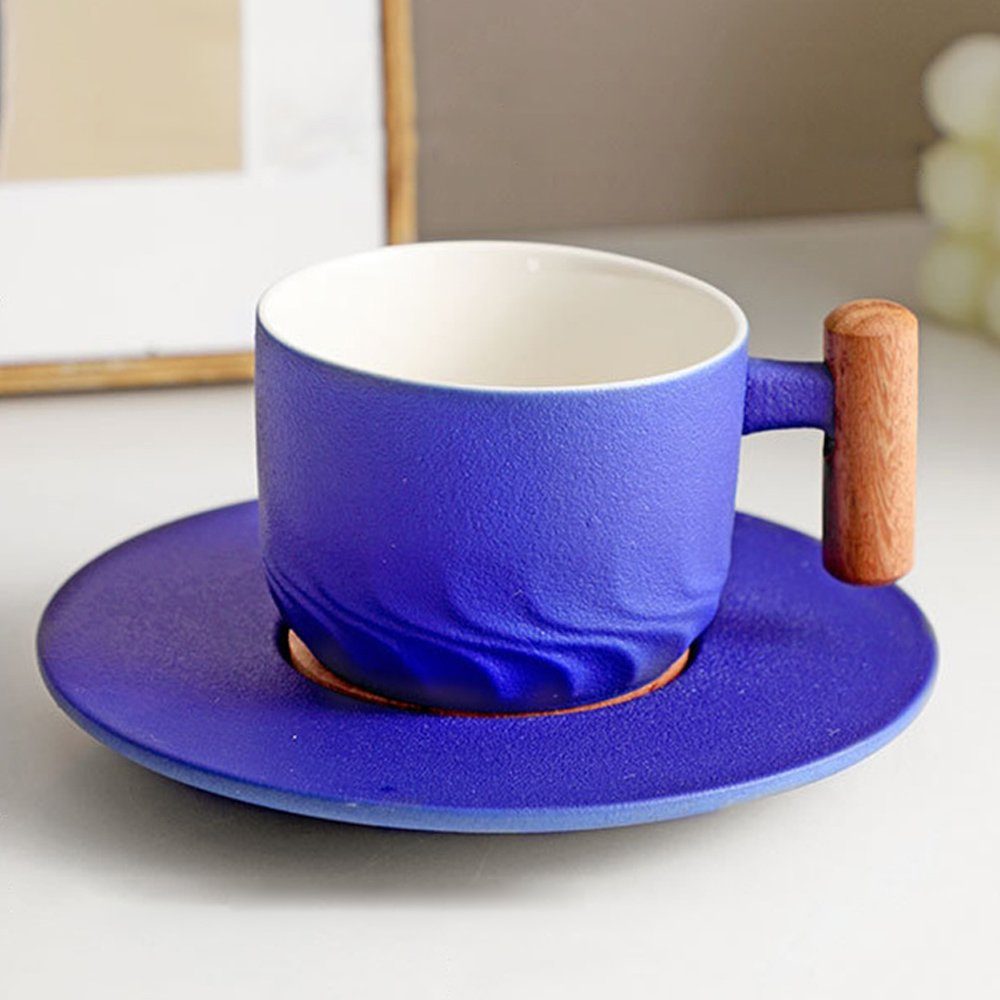 Dekorative Kaffeeservice Keramik Kaffeebecher Set, Cappuccino Tassen mit Unterteller, Holzgriff (1-tlg) Blau