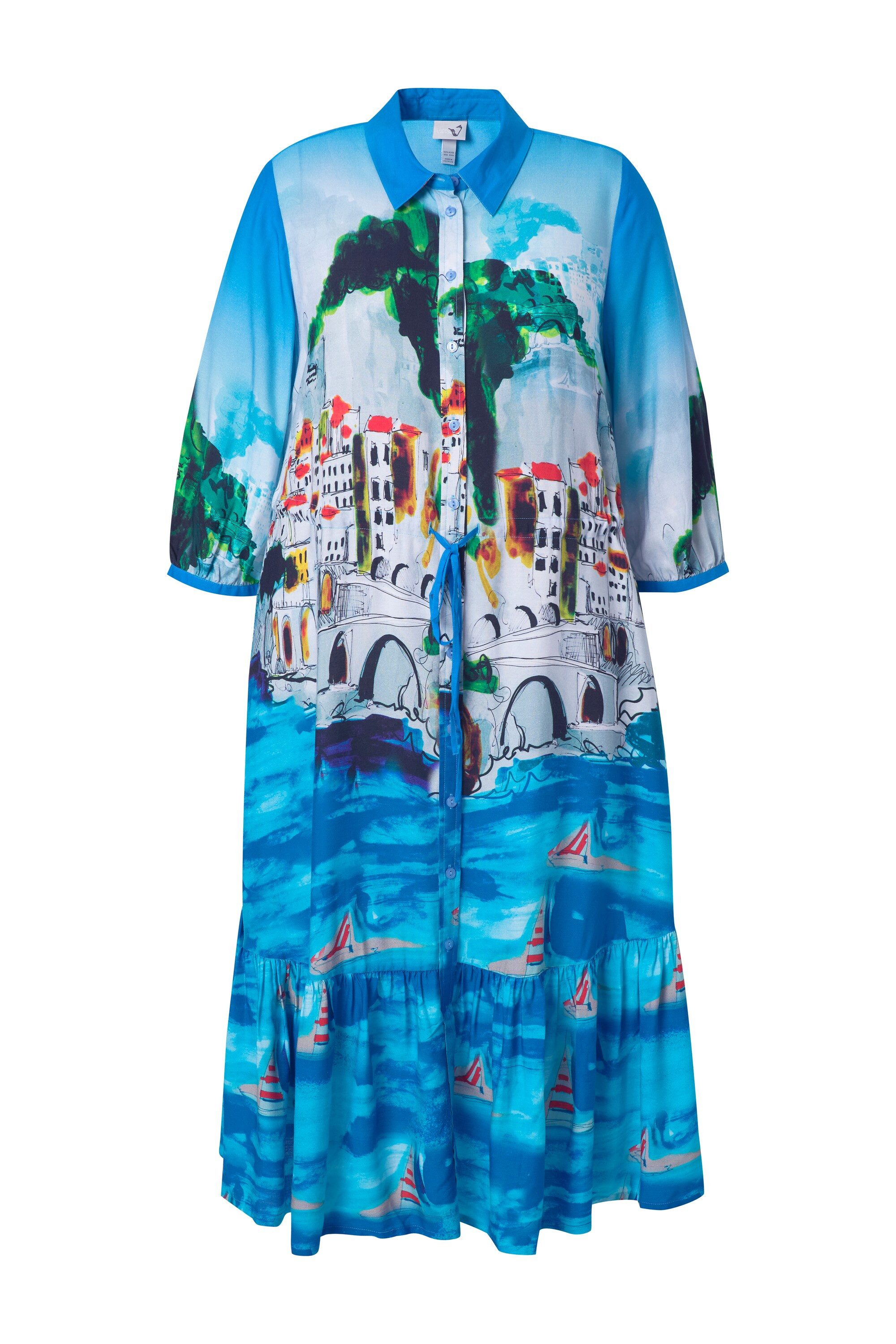 Ulla Popken Hemdblusenkleid Midikleid Holiday-Motiv Hemdkragen 3/4-Arm