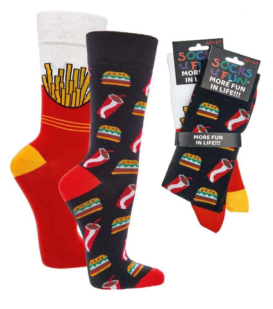 Freizeitsocken Socks 4 Fun Motivsocken Fast Food Hamburger Pommes Cola