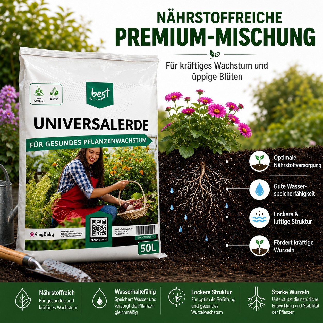 Best for Home Bio-Erde Bio-Blumenerde – Torffrei, für Zimmer- & Balkonpflanzen Universalerde, mit Organische Pflanzerde, (Einzelartikel, 1-St., 20L / 50L Sack), – Bild 4 von 5