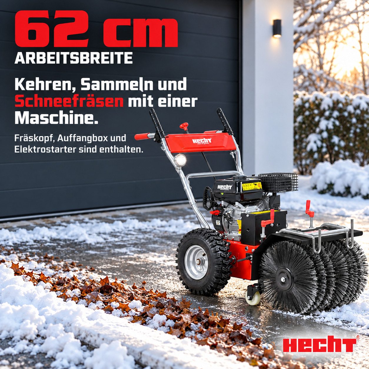 Hecht Benzin-Kehrmaschine 8616 SE mit Auffangbehälter, Schneefräse, 62,00 cm Arbeitsbreite, (3-tlg), Elektrostart, 6,5 PS. 230V – Bild 2 von 5