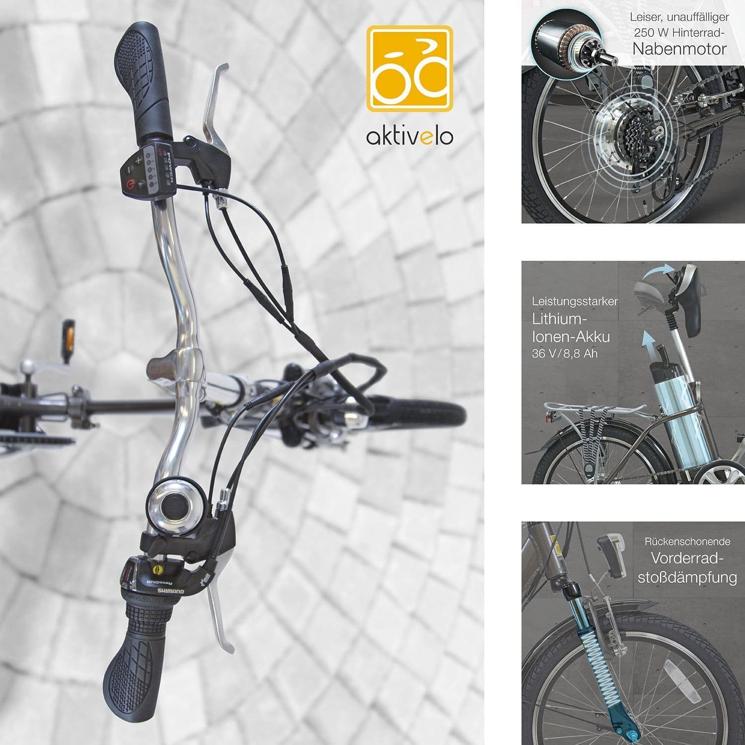 aktivelo Faltrad E-Bike Klapprad, 20 Zoll, klappbares Fahrrad für Damen und Herren, 6 Gang, Kettenschaltung, mit wartungsfreiem 250W Mittelmotor & 5 Unterstützungsstufen