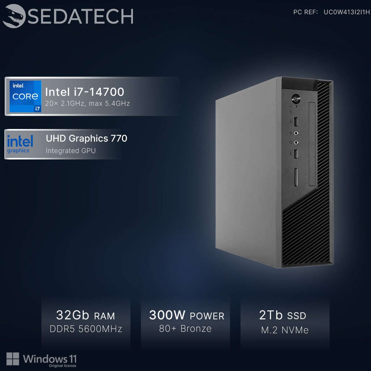 Sedatech UC0W413I2I1HF - Office Mini-PC (Intel Core i7 14700 20x 2.1GHz (max 5.4GHz), Intel UHD Graphics 770, 32 GB RAM, 2000 GB SSD, Wlan 6E)
