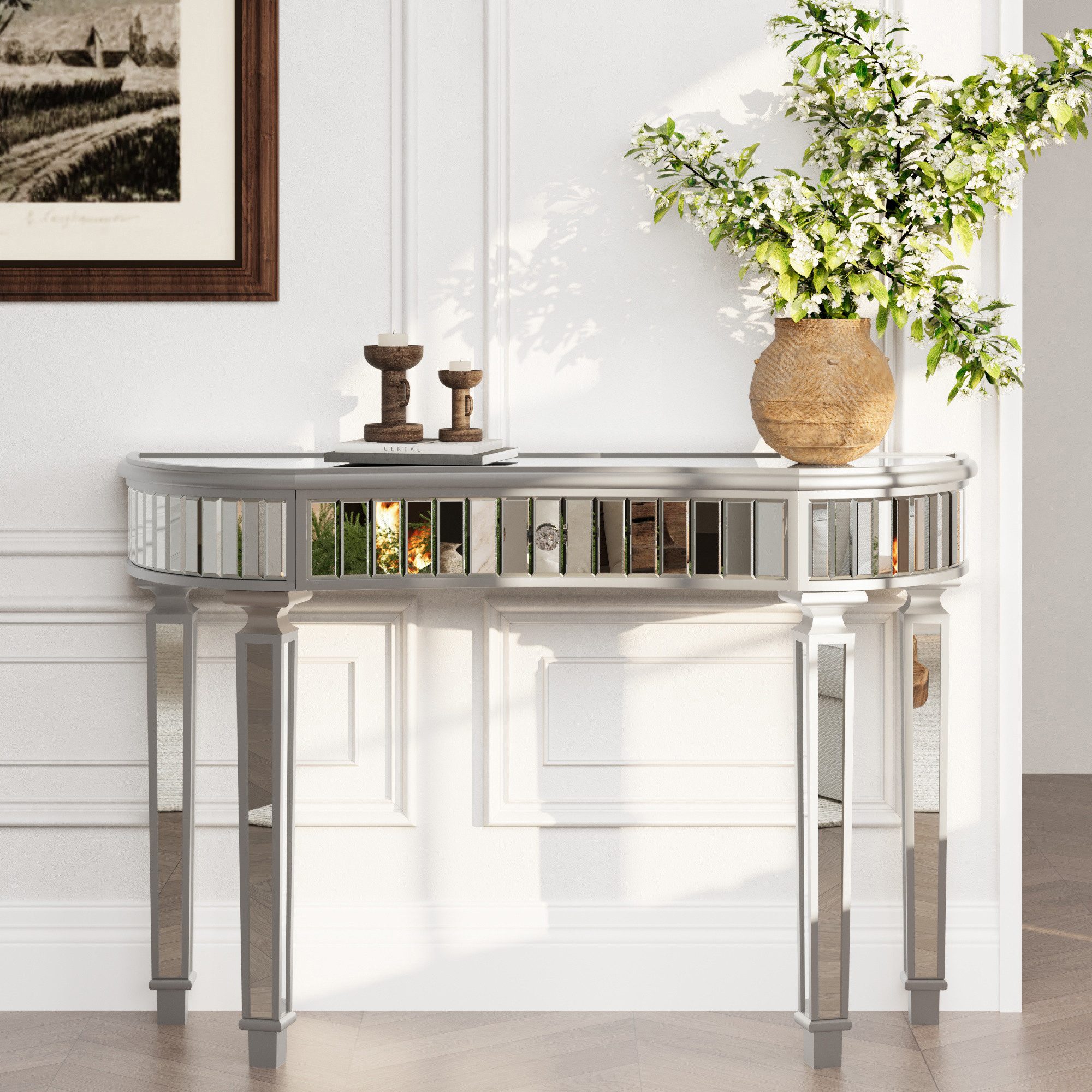 Celya Schminktisch 120 cm langer, halbmondförmiger Spiegelkonsolentisch (luxuriöser Sofatisch, Grau+Silber, moderner Schminktisch für Schlafzimmer, Ankleidezimmer, Wohnzimmer), mit geriffelter Glasplatte und Kristallknopfschublade