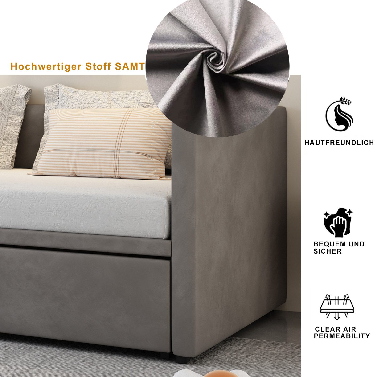 Simurq Daybett Schlafsofa 90/180x200cm, Ausziehbett, Tagesbett, Mit Unterbett, Lattenrost, Samt, Gästebett, Platzsparend