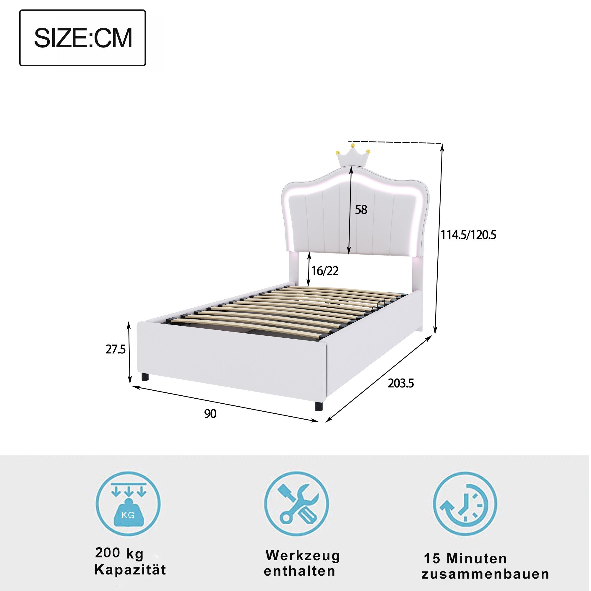 Celya Polsterbett Kinderbett 90x200 cm, Mit Kronendesign, Mit LED-Beleuchtu günstig online kaufen