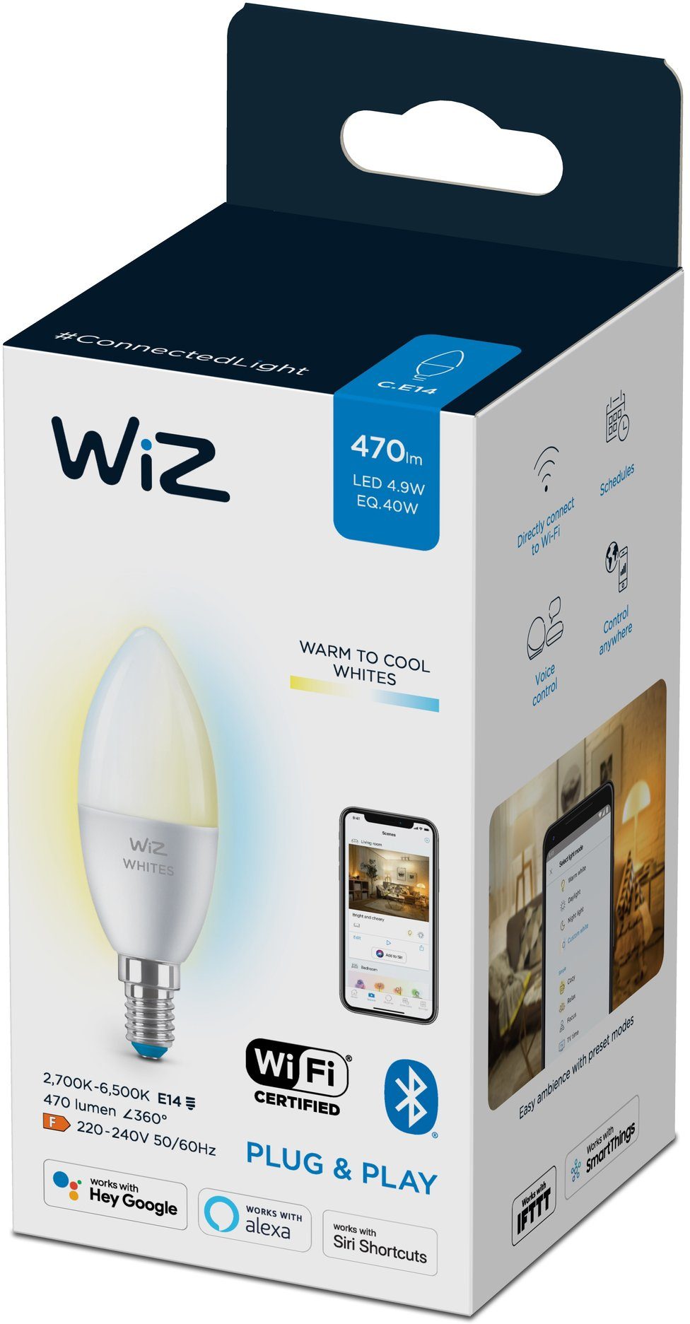 WiZ LED-Leuchtmittel White 40W E14 Kerzenform Tunable matt Einzelpack, E14, 1 St., Warmweiß, Kreieren Sie mit Wiz Tunable White LED Lampen smarte Освещение