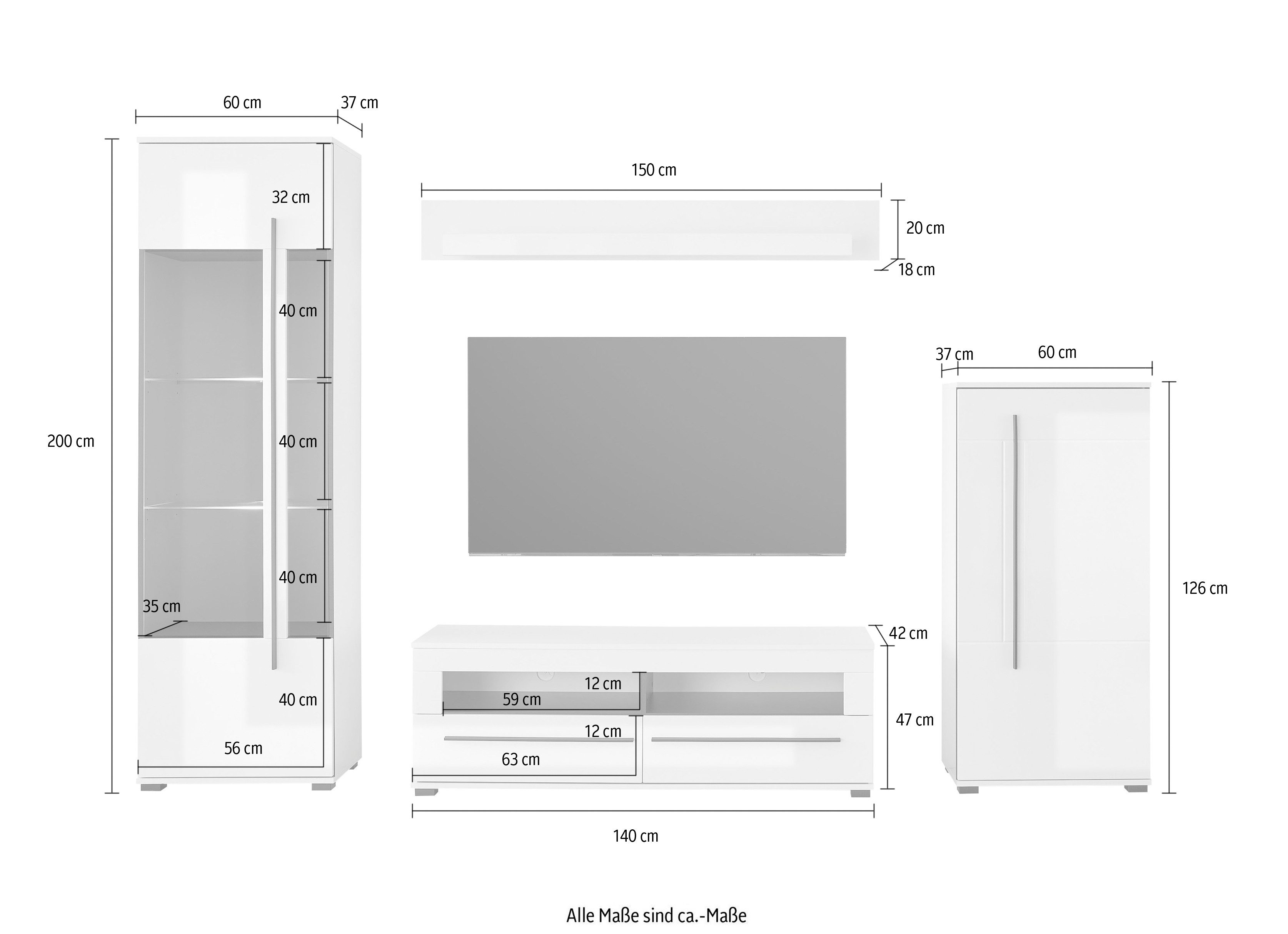 Home affaire Wohnwand Cantara, moderne Anbauwand, Komplettset, (Set, 4-St), enthält Vitrine, Lowboard, Stauraumelement und Wandboard, 280 cm breit